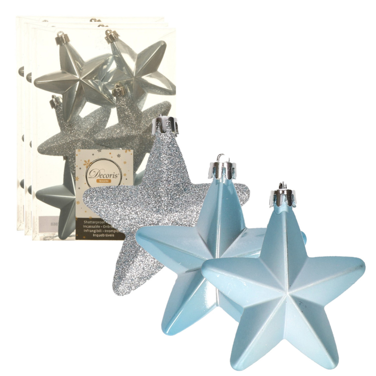 24x stuks kunststof sterren kersthangers lichtblauw 7 cm -