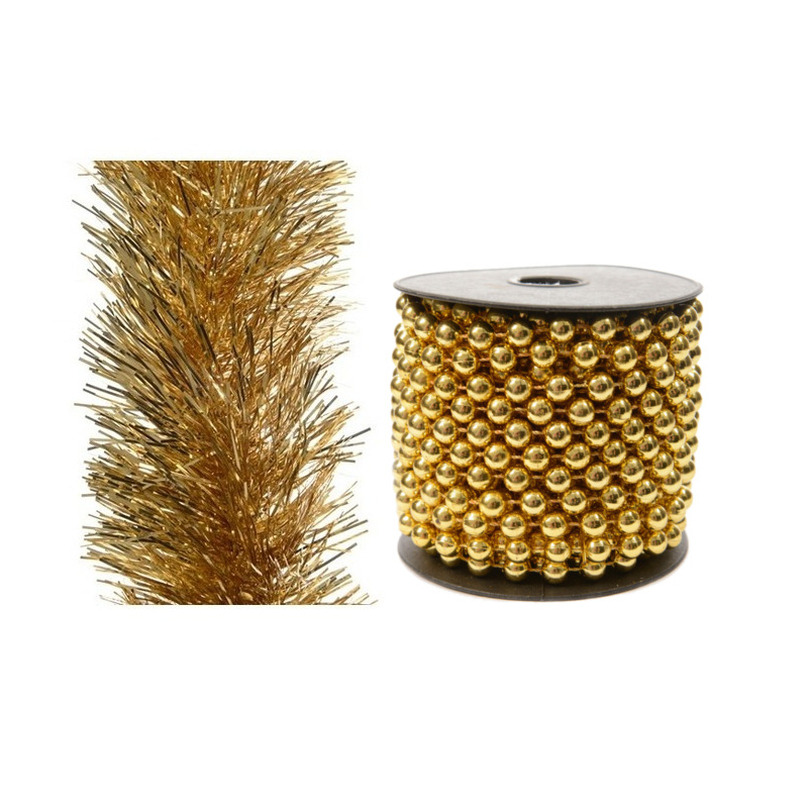 Set van kralenslinger 10 mtr en folie slinger 2,7 m goud -