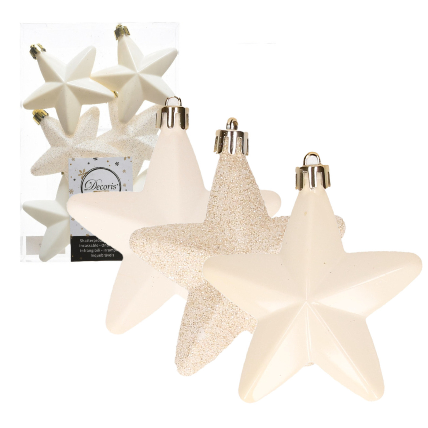 Decoris kersthanger sterren - 6x st - wol wit - 7 cm - kunststof - kerstornamenten -