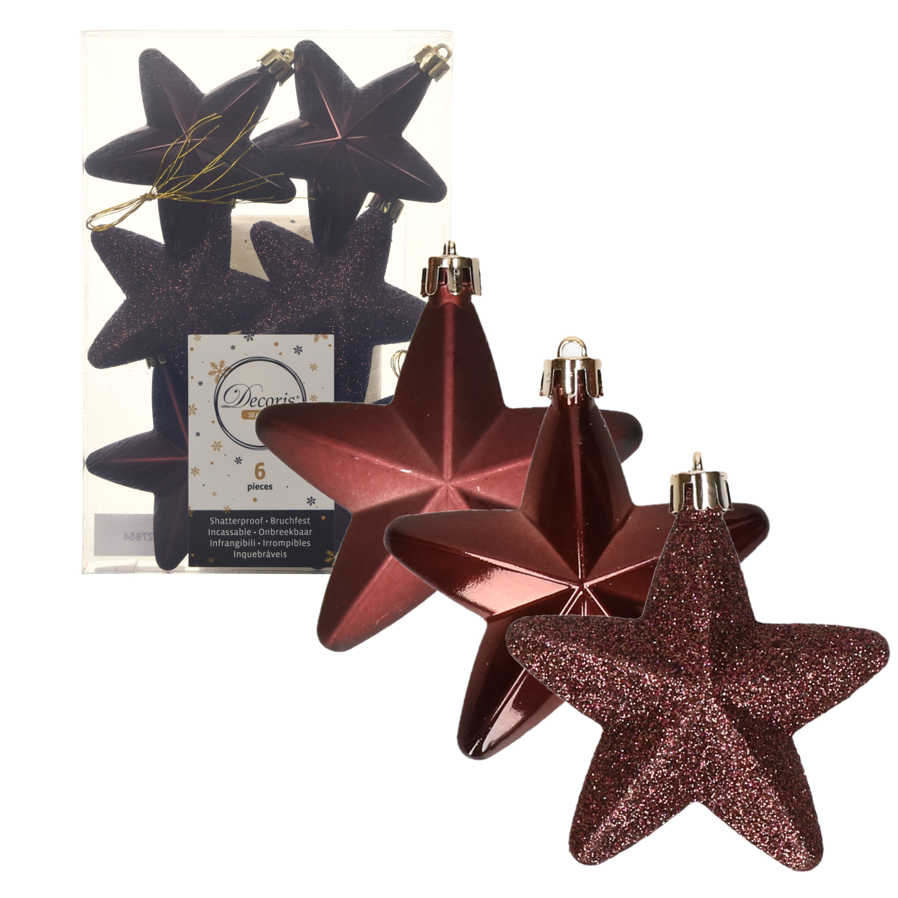 Decoris kersthanger sterren - 6x st - mahonie bruin - 7 cm - kunststof - kerstornamenten -
