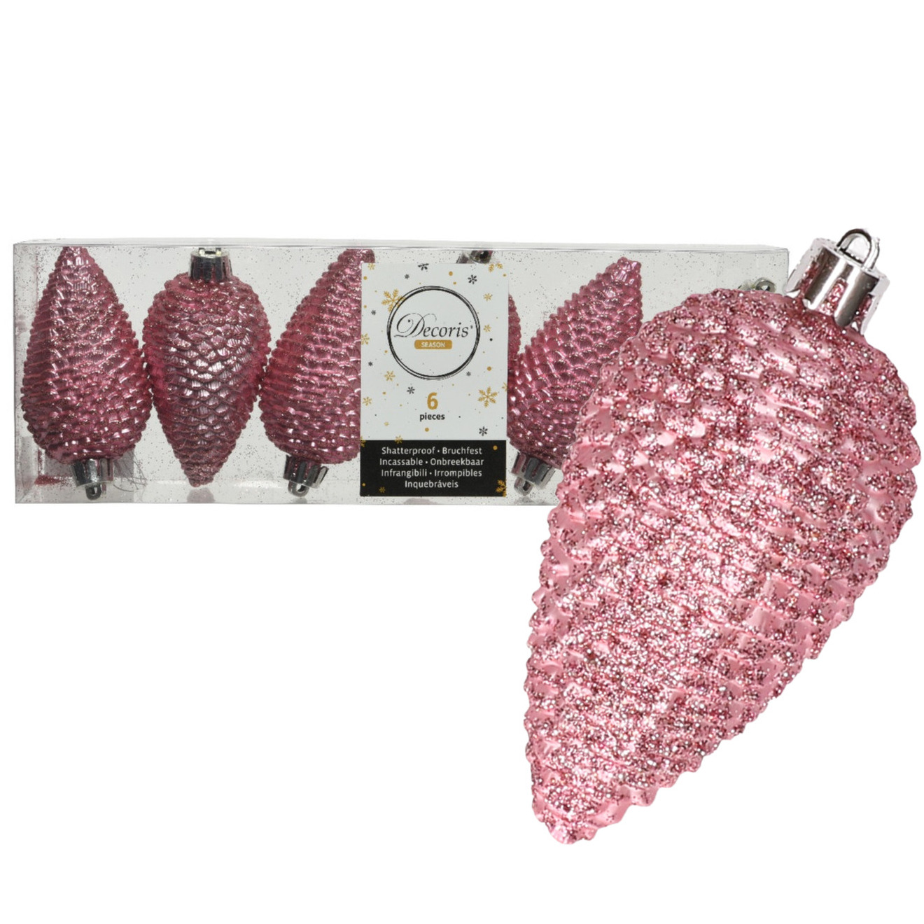 Kersthangers dennenappels - 6x st - lippenstift roze - glitter - 8 cm - kunststof - kerstversiering -