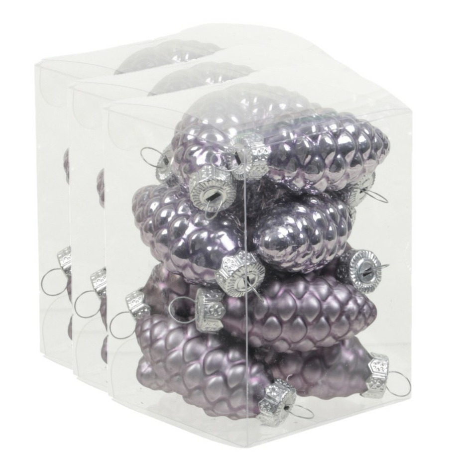 36x stuks glazen dennenappels kersthangers lila paars 6 cm mat/glans -