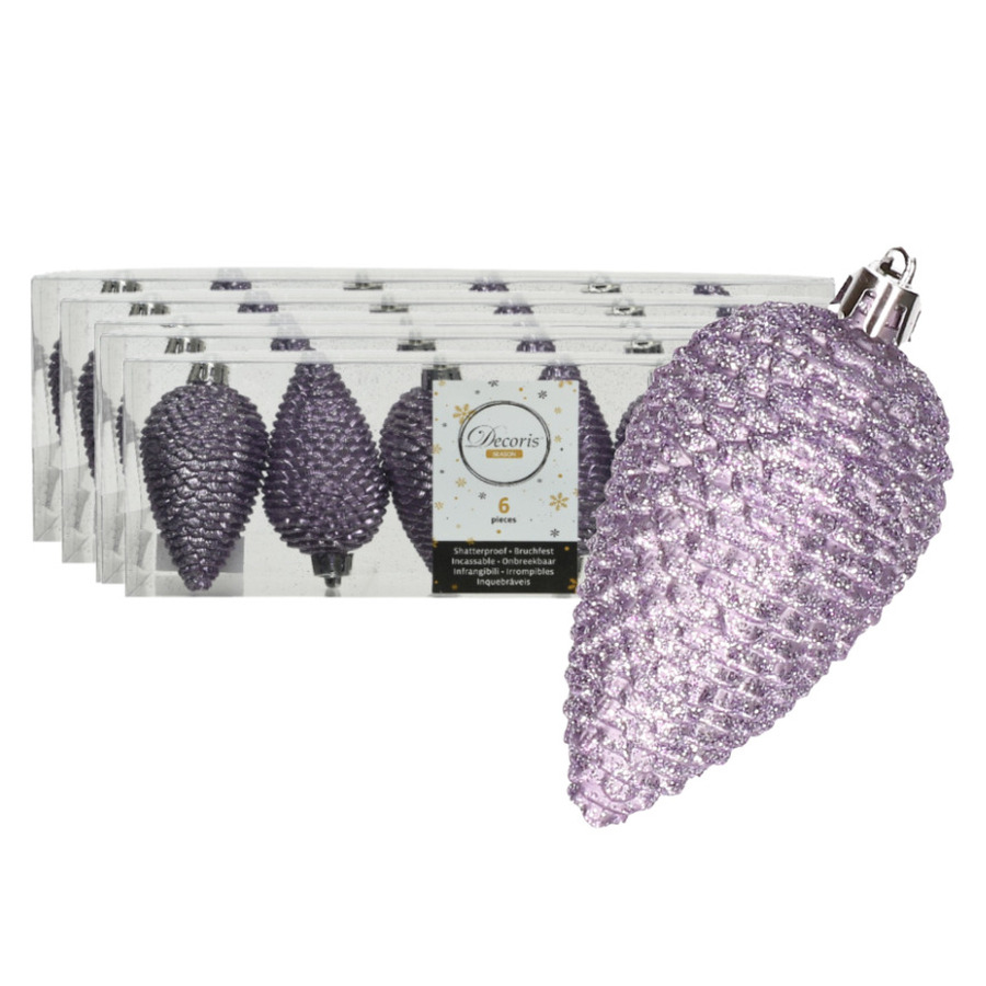 24x stuks kunststof glitter dennenappels kersthangers heide lila 8 cm -