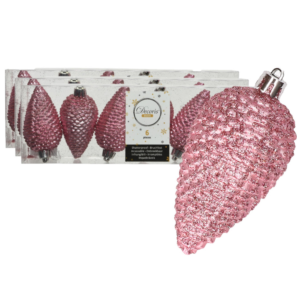 18x stuks kunststof glitter dennenappels kersthangers lippenstift roze 8 cm -