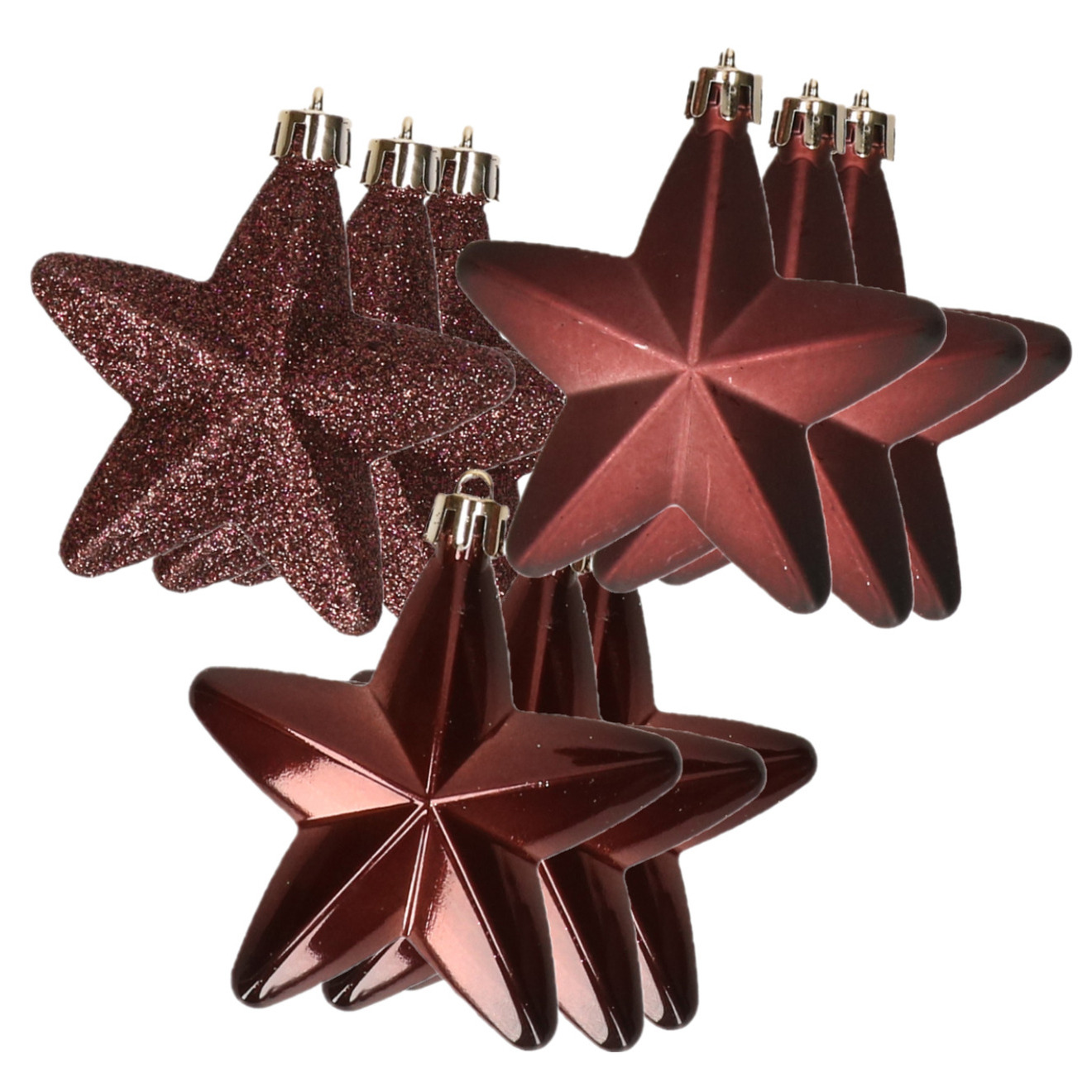 12x stuks kunststof sterren kersthangers mahonie bruin 7 cm -