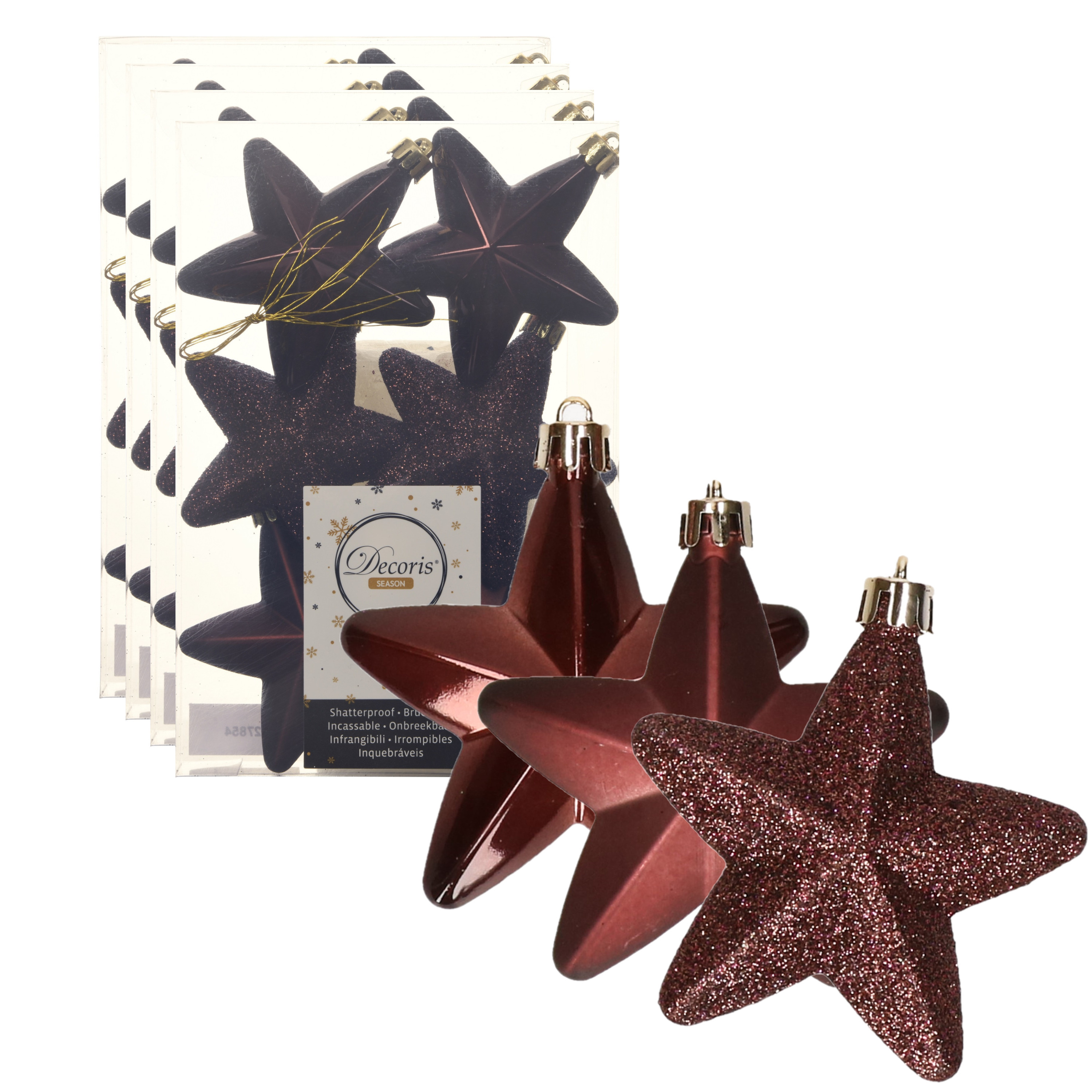 24x stuks kunststof sterren kersthangers mahonie bruin 7 cm -