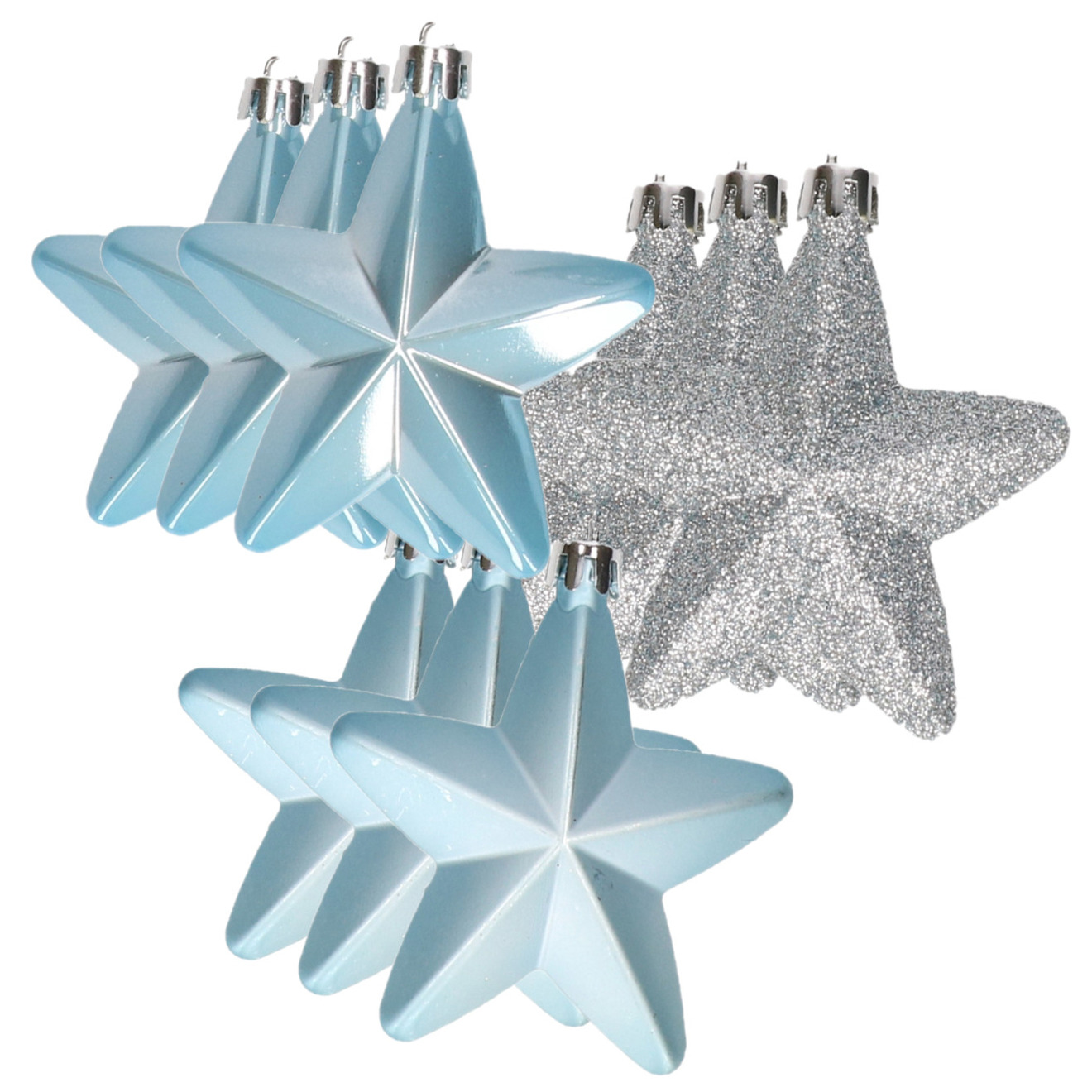 12x stuks kunststof sterren kersthangers lichtblauw 7 cm -
