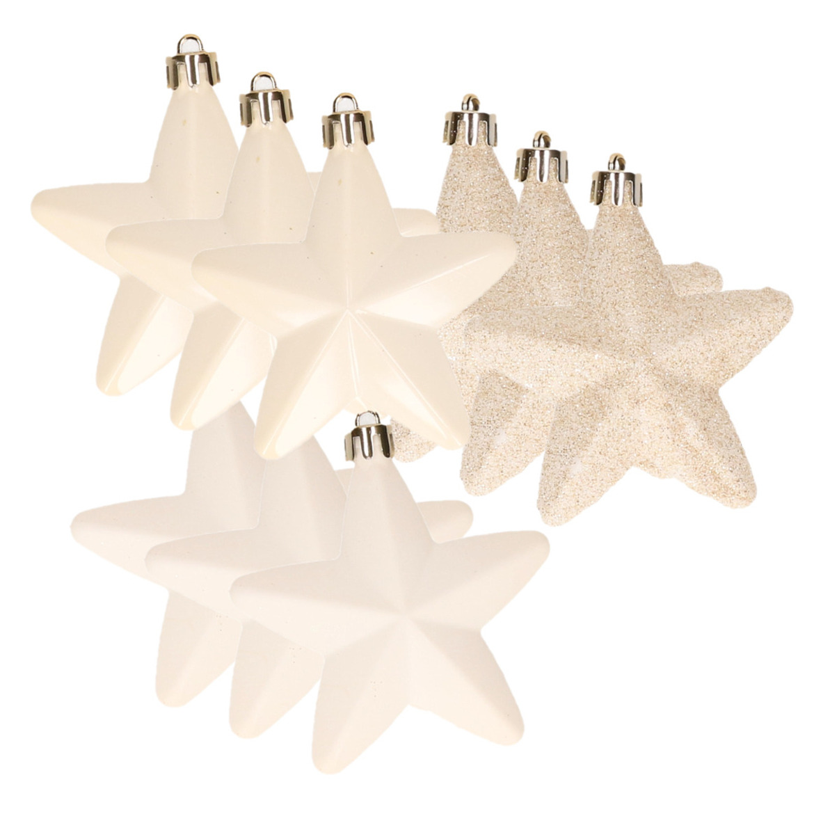 12x stuks kunststof sterren kersthangers wol wit 7 cm -