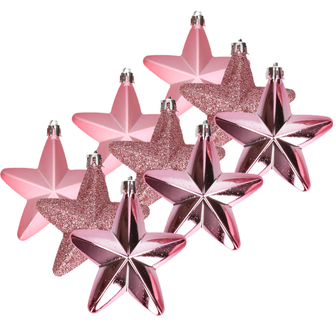 12x stuks kunststof sterren kersthangers lippenstift roze 7 cm -