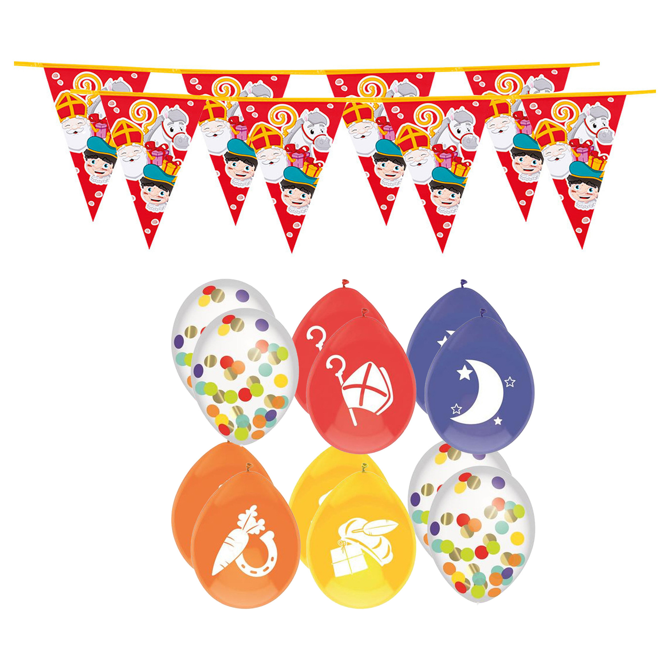 Sinterklaas versiering - 3x stuks plastic Sint/Piet vlaggenlijnen 6 meter en 24x ballonnen -