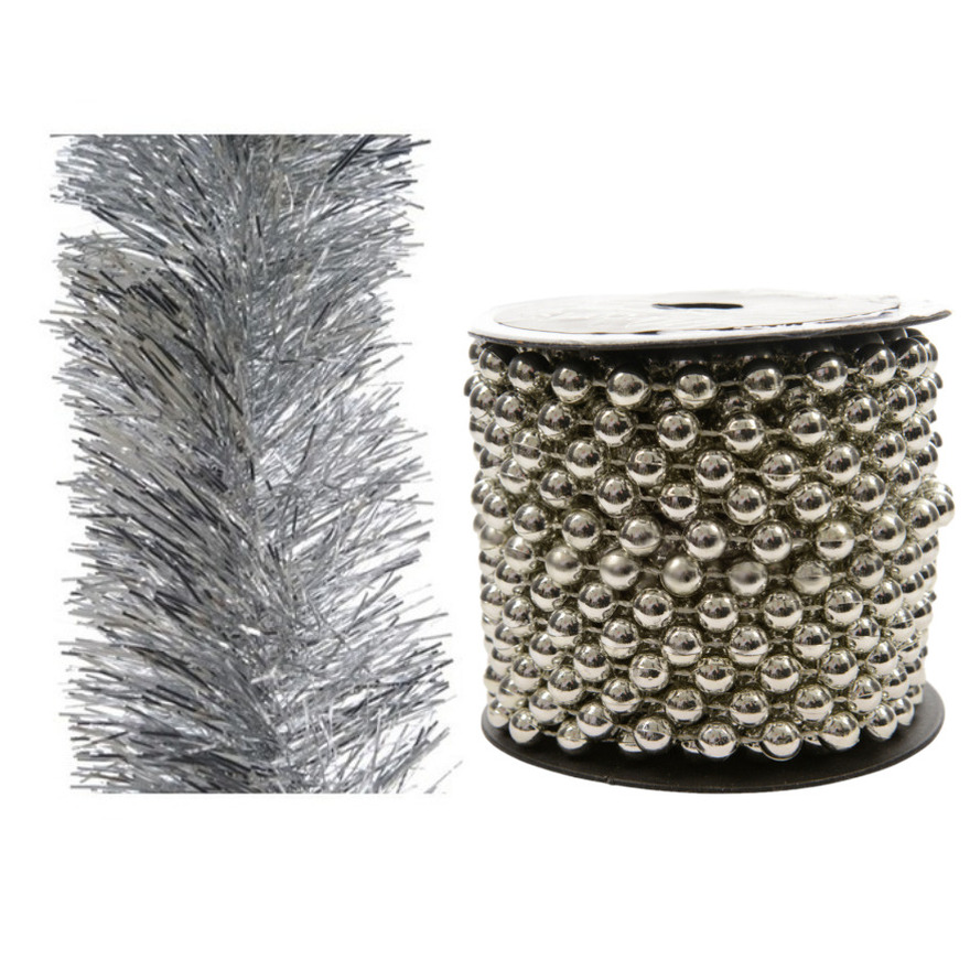 Set van kralenslinger 10 mtr en folie slinger 2,7 m zilver -