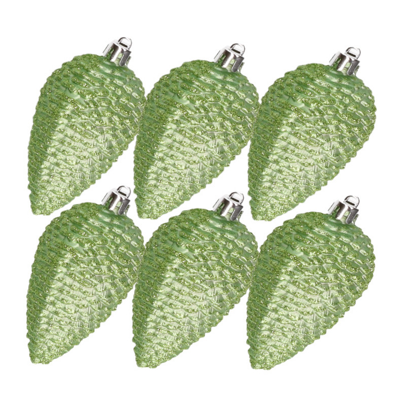 Kerstornamenten kunststof dennenappels 6x stuks groen glitter 8 cm -