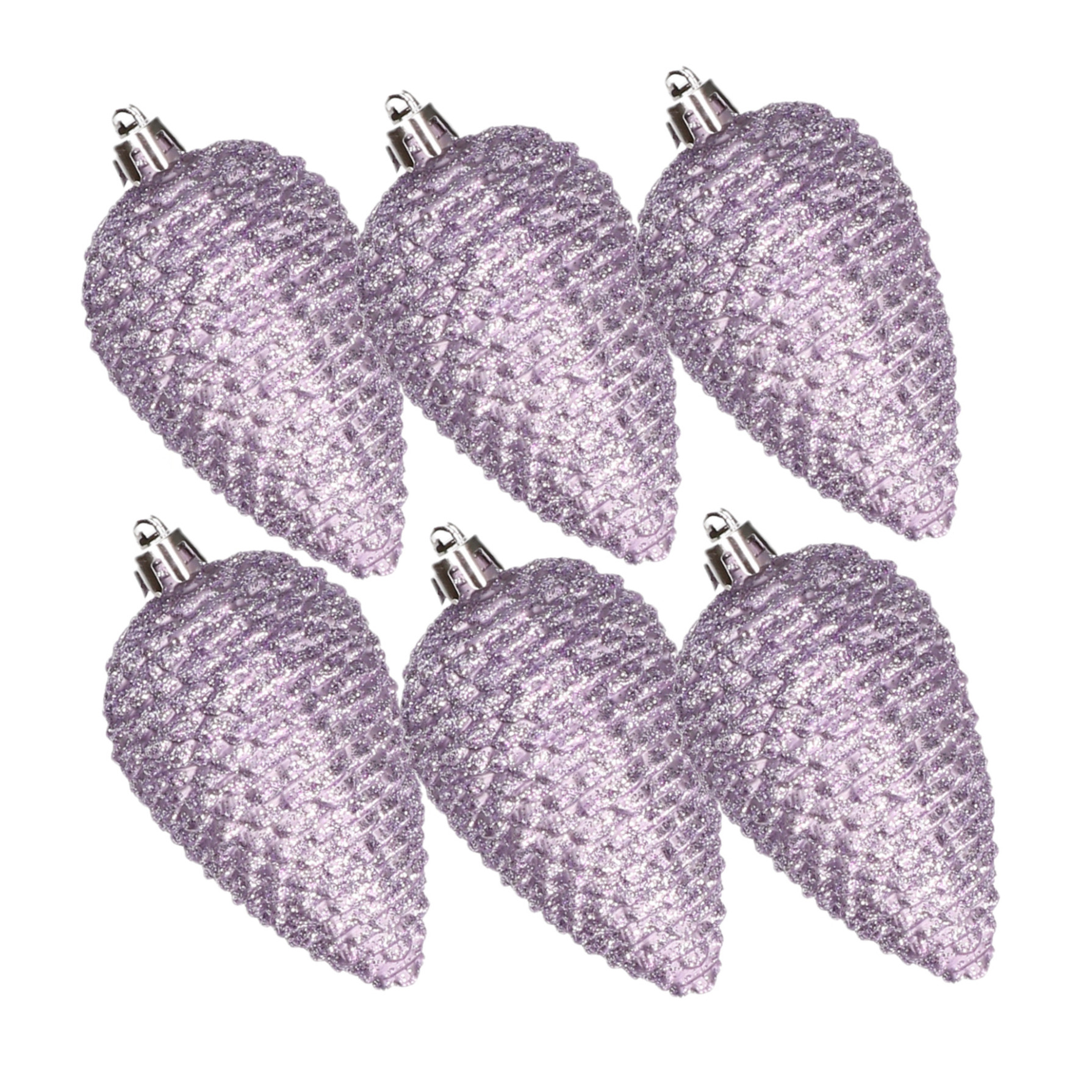 Kerstornamenten kunststof dennenappels 6x stuks lila paars glitter 8 cm -