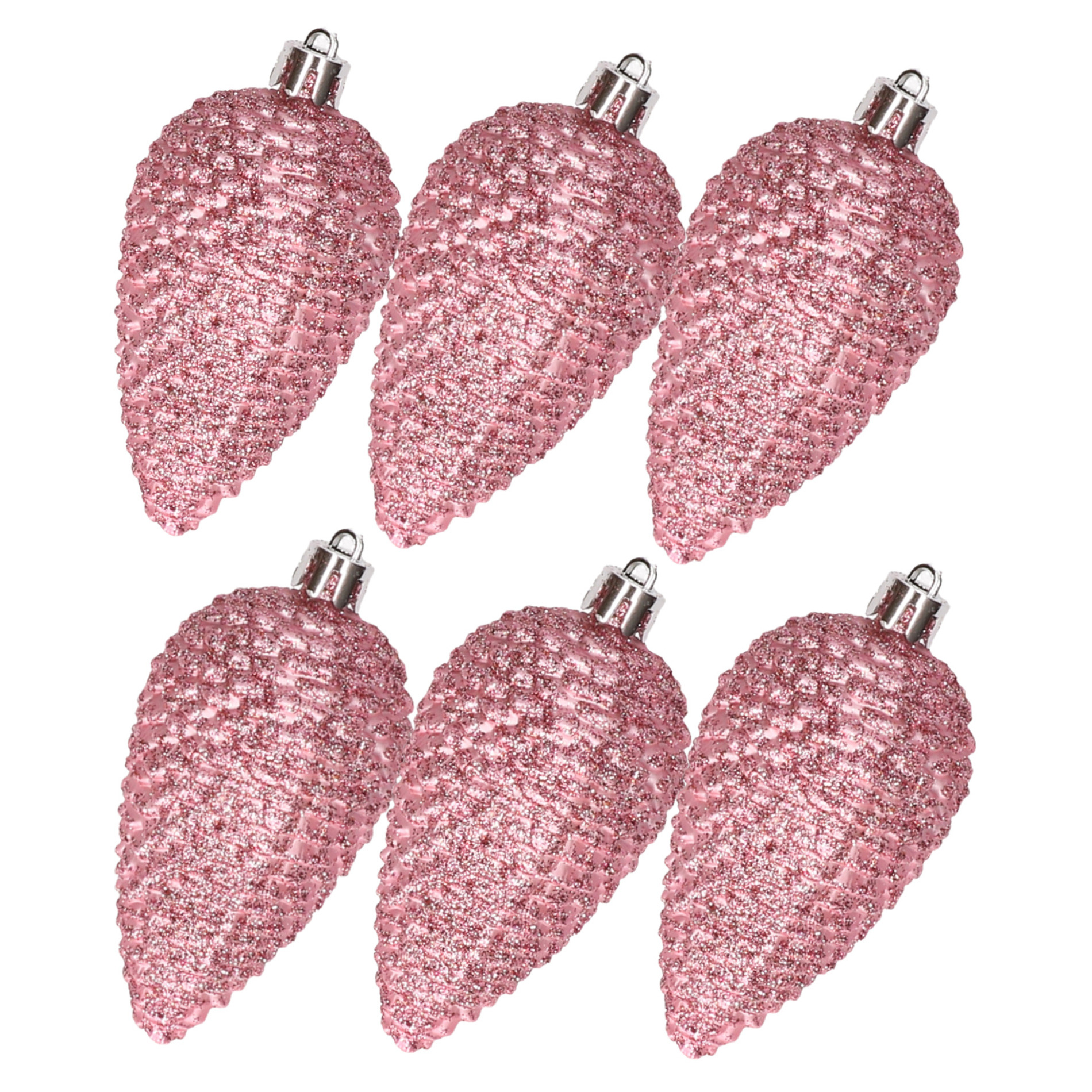 Kerstornamenten kunststof dennenappels 6x stuks roze glitter 8 cm -