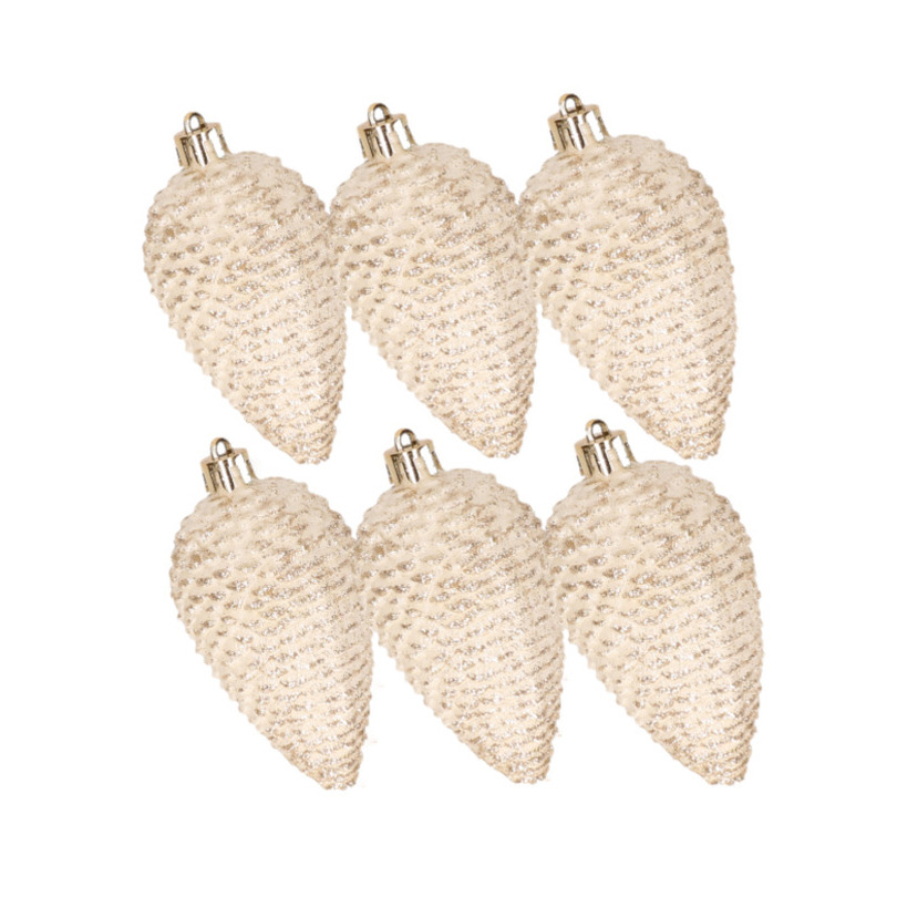 Kerstornamenten kunststof dennenappels 6x stuks beige glitter 8 cm -