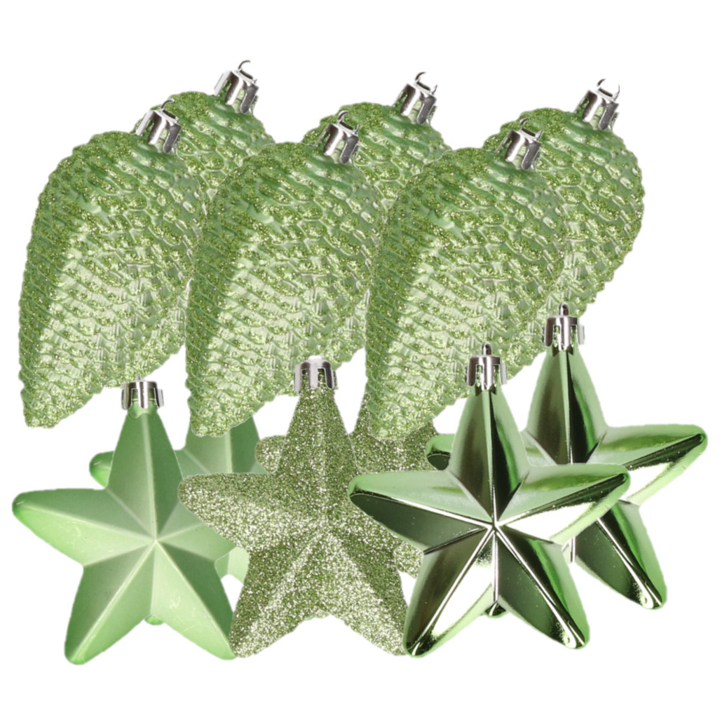 12x stuks kunststof sterren en dennenappel kerstornamenten groen 7-8 cm -