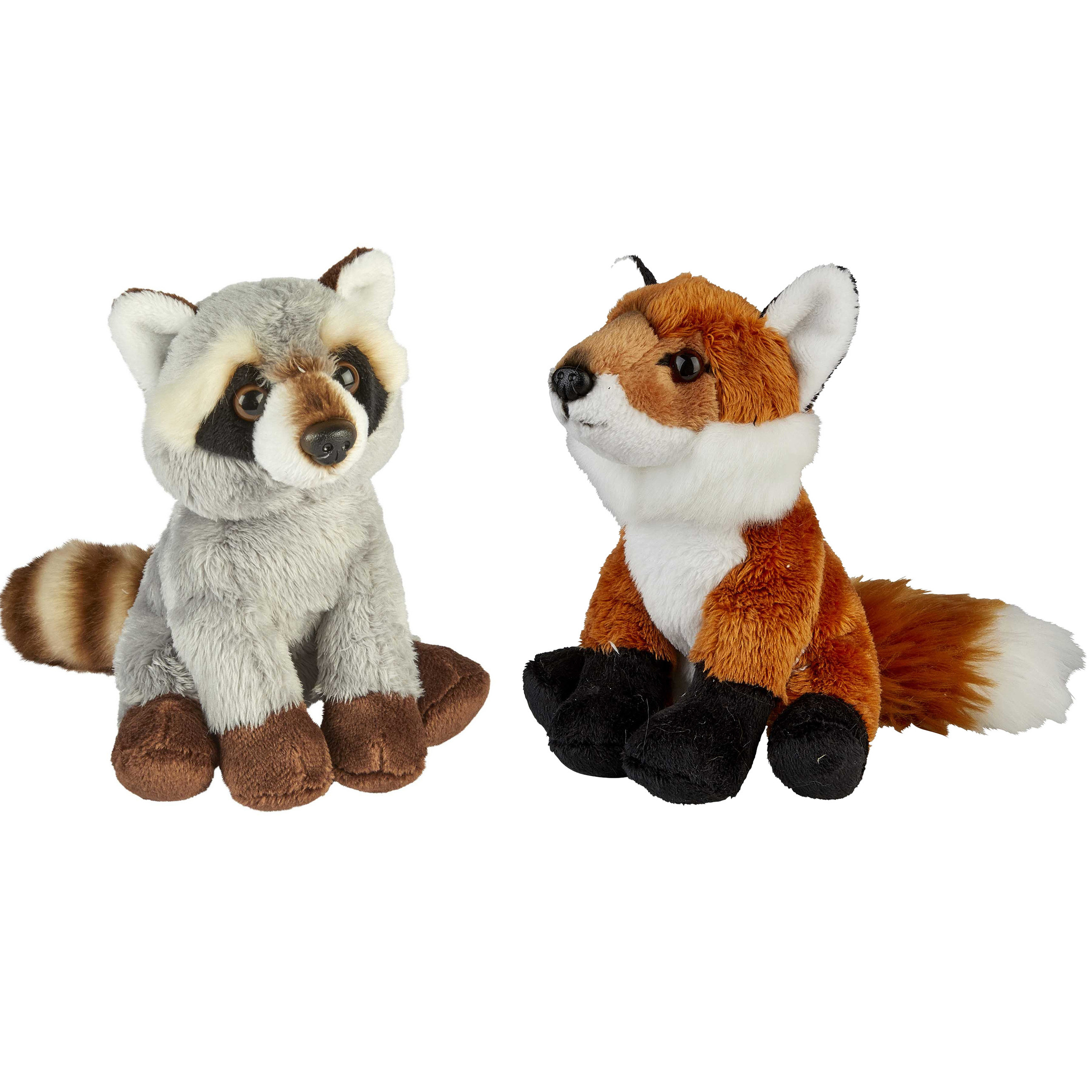 Bosdieren zachte pluche knuffels 2x stuks - Vos en Wasbeer van 15 cm -
