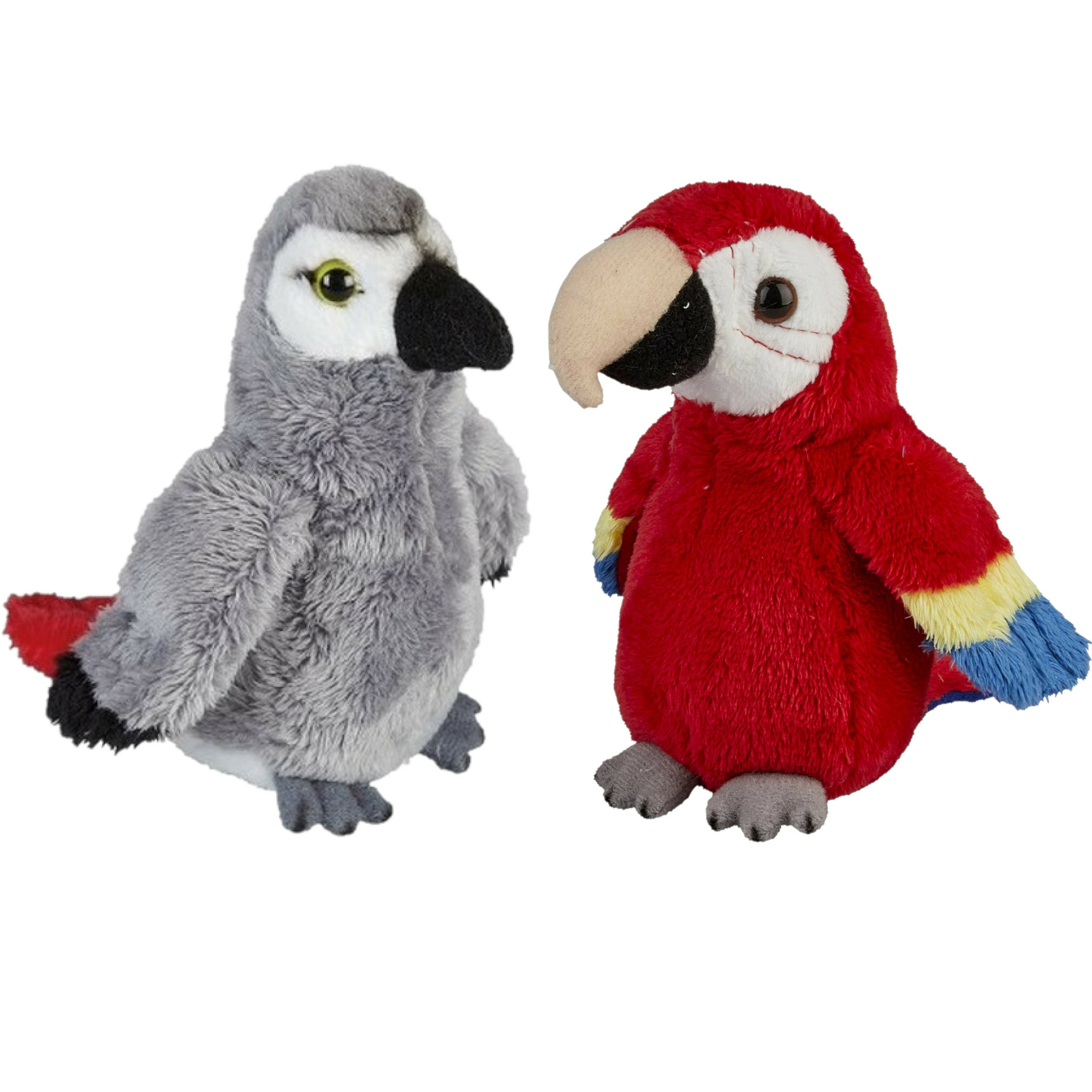 Papegaaien serie pluche knuffels 2x stuks -Rode en Grijze van 15 cm -