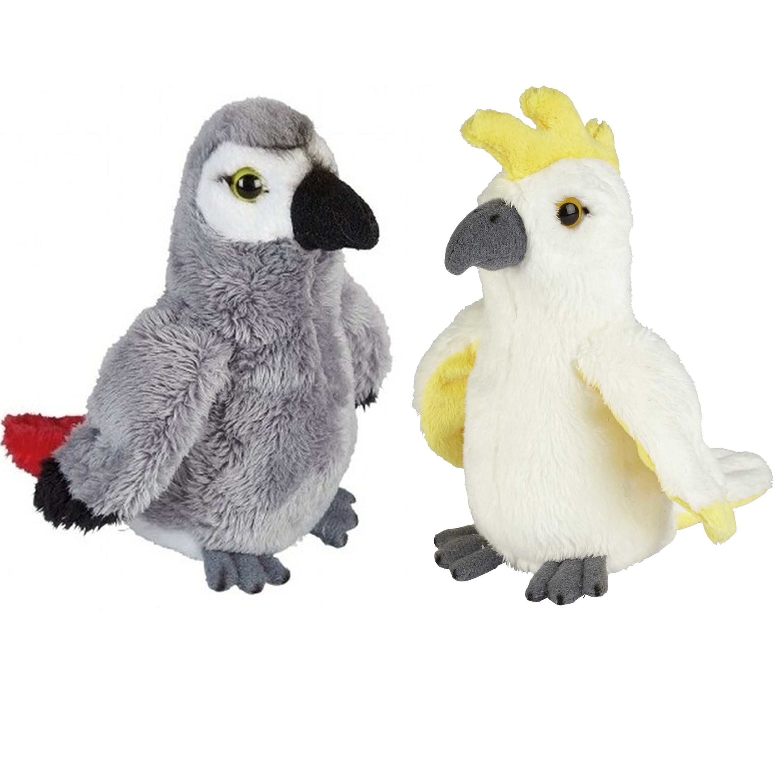 Tropische vogels pluche knuffels 2x stuks - Kaketoe en Papegaai van 15 cm -
