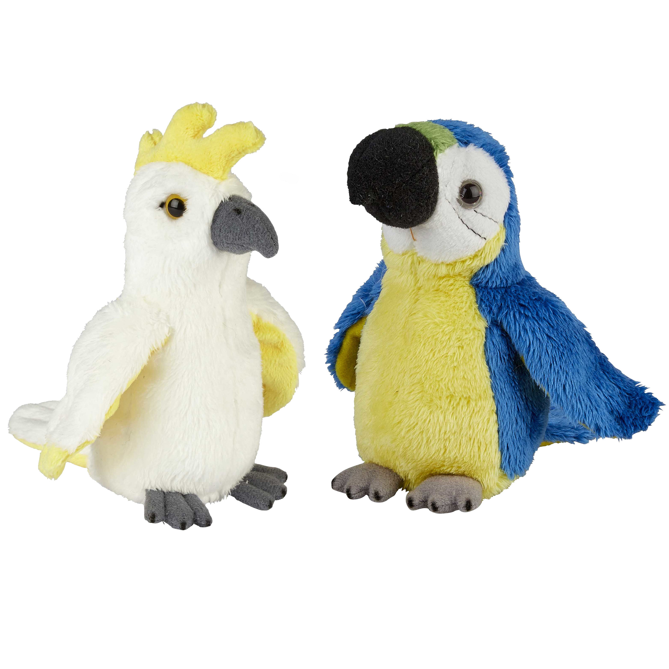 Tropische vogels pluche knuffels 2x stuks - Kaketoe en Papegaai van 15 cm -