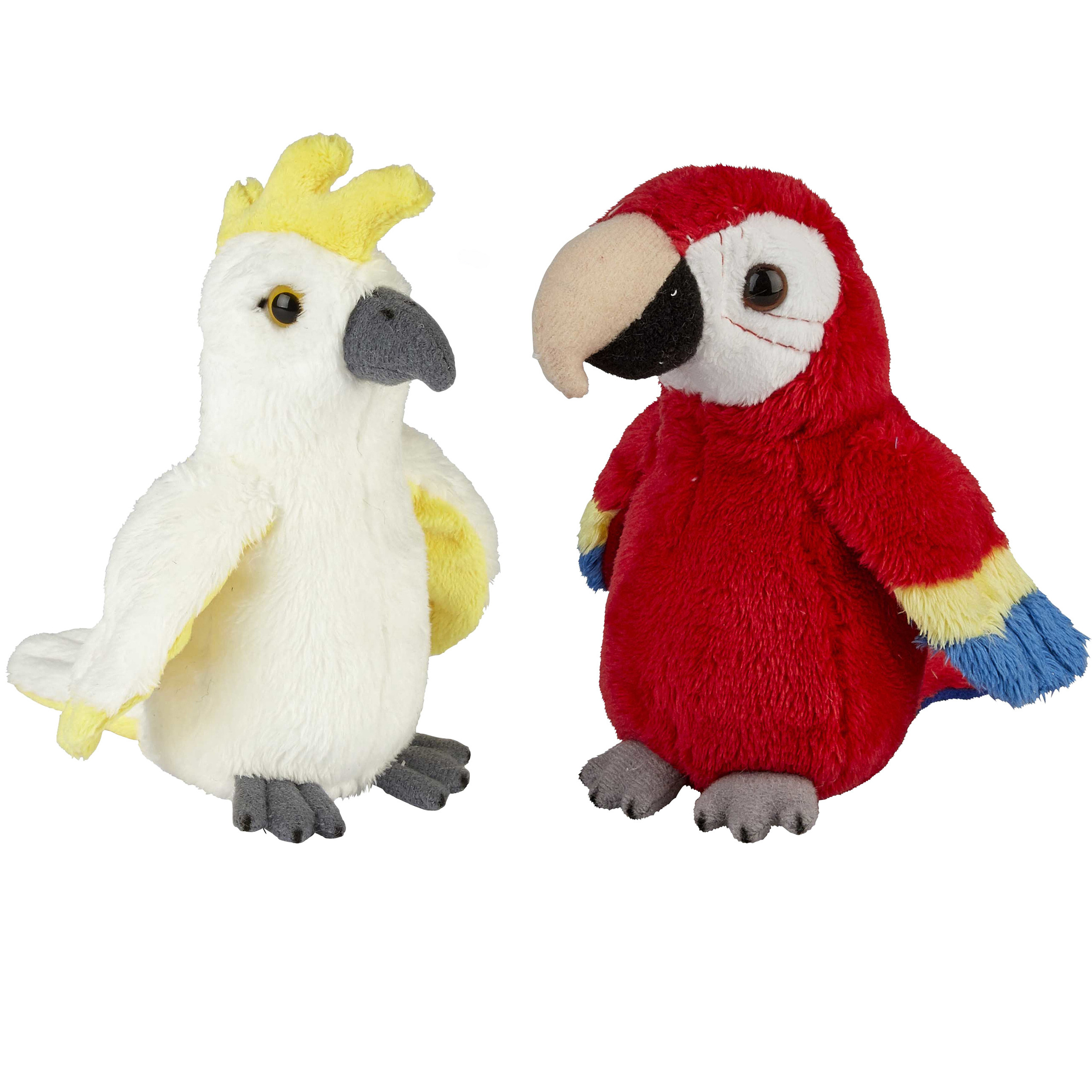 Tropische vogels pluche knuffels 2x stuks - Kaketoe en Papegaai van 15 cm -