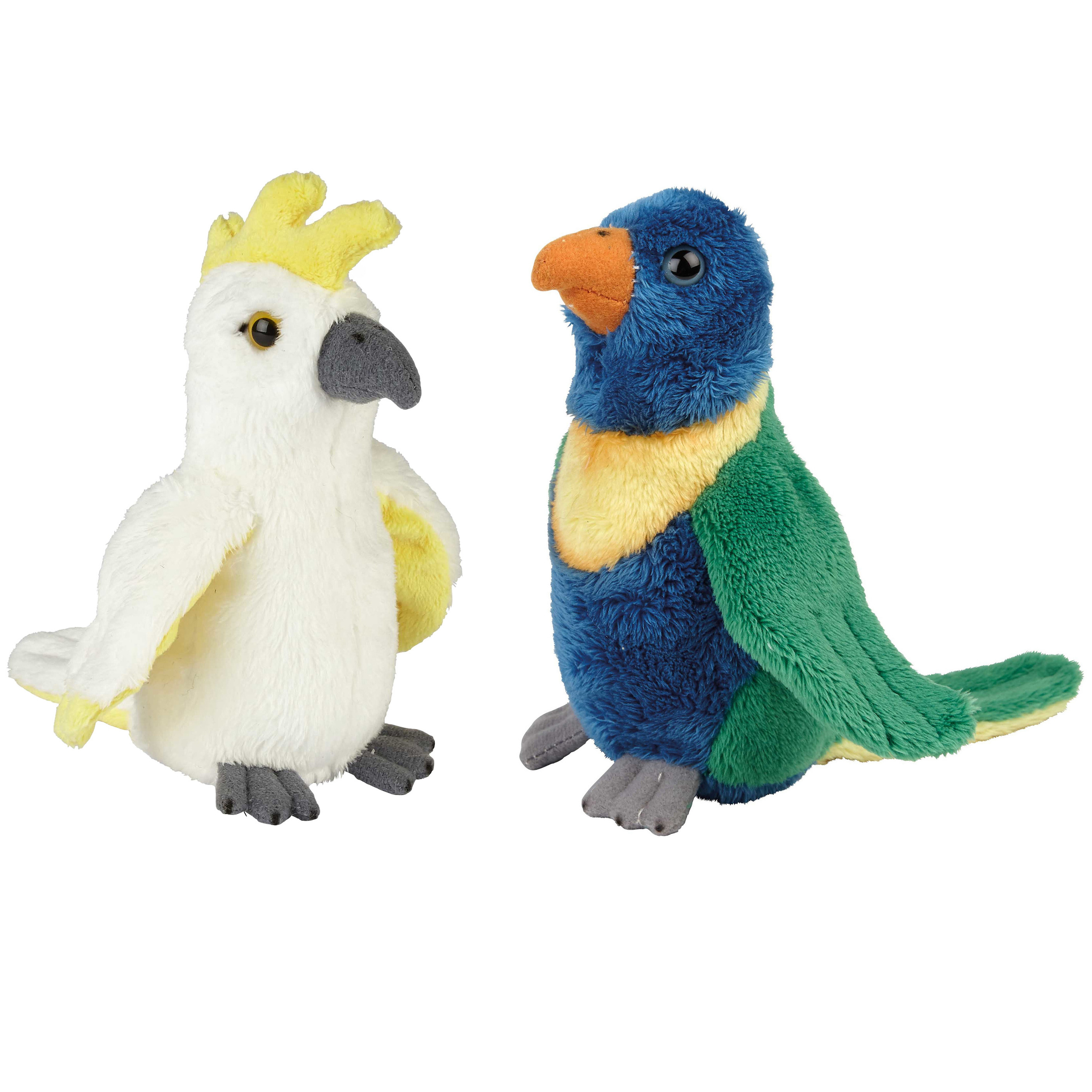 Tropische vogels pluche knuffels 2x stuks - Kaketoe en Lori Parkiet van 15 cm -