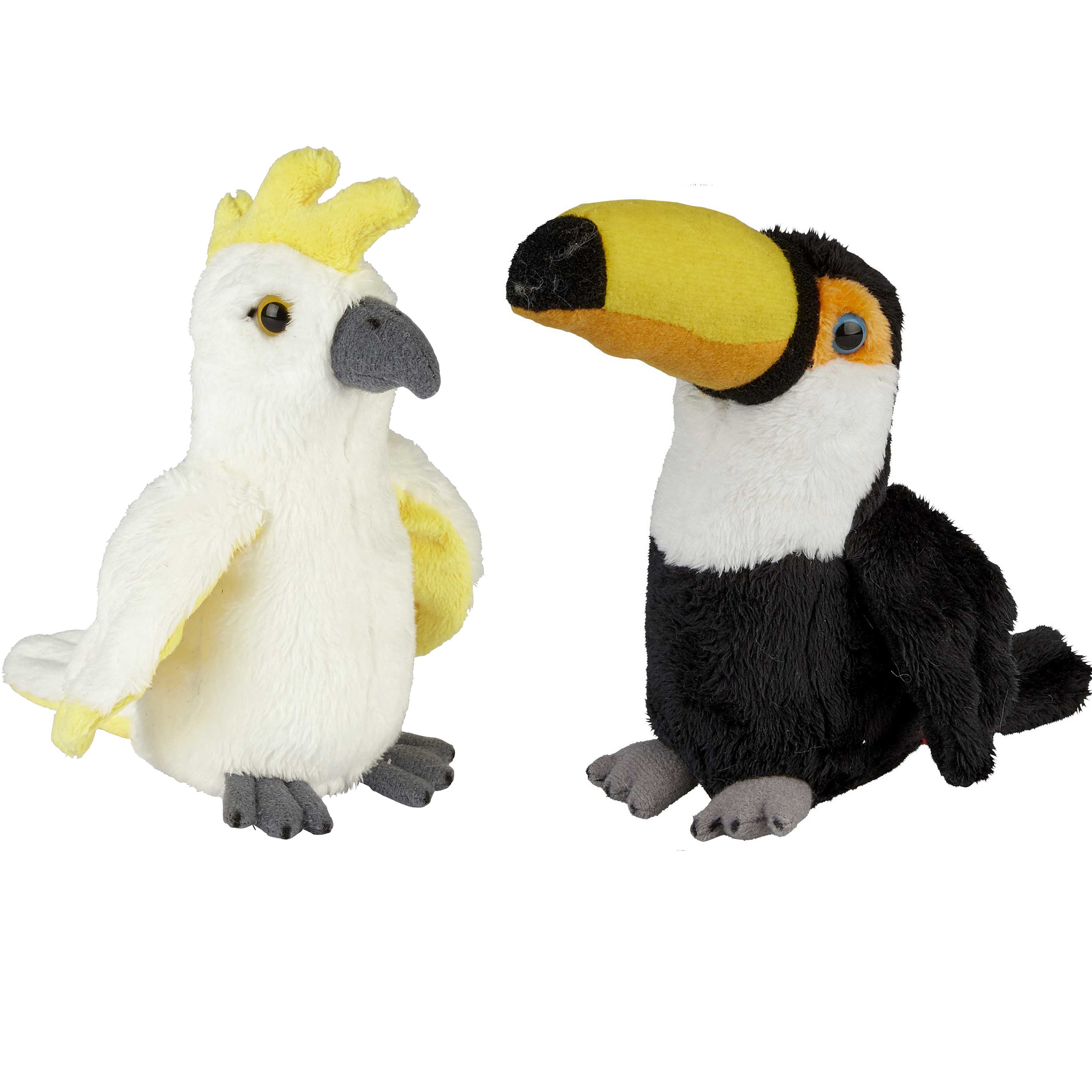 Tropische vogels pluche knuffels 2x stuks - Kaketoe en Toekan van 15 cm -