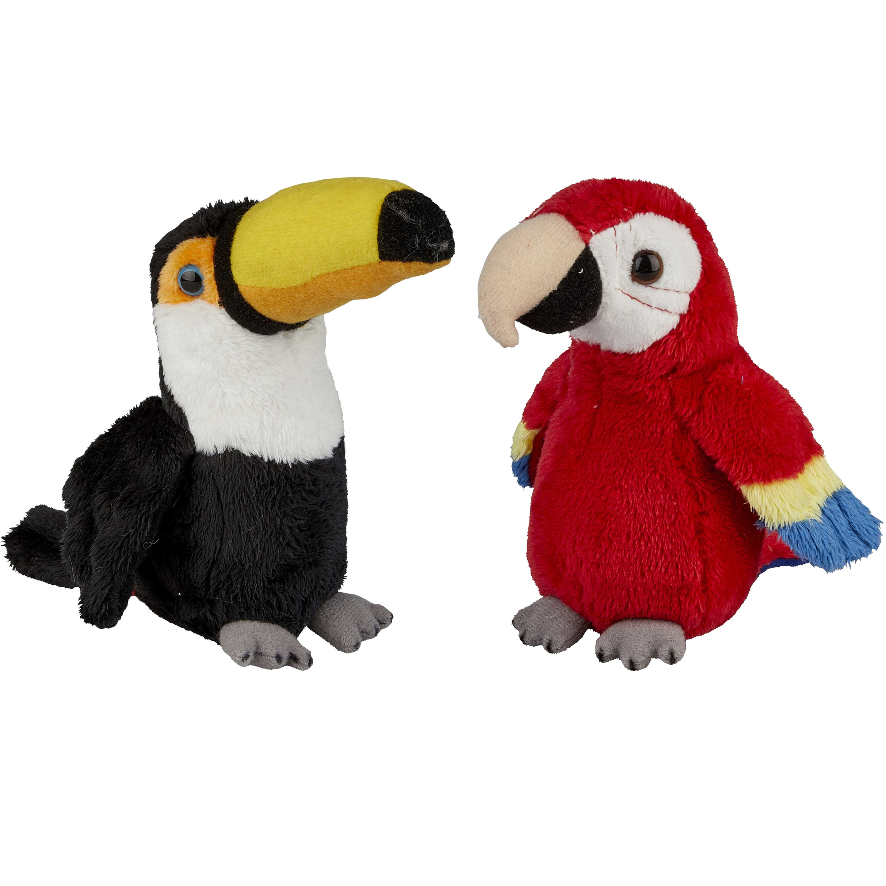 Tropische vogels pluche knuffels 2x stuks - Rode Macaw Papegaai en Toekan van 15 cm -