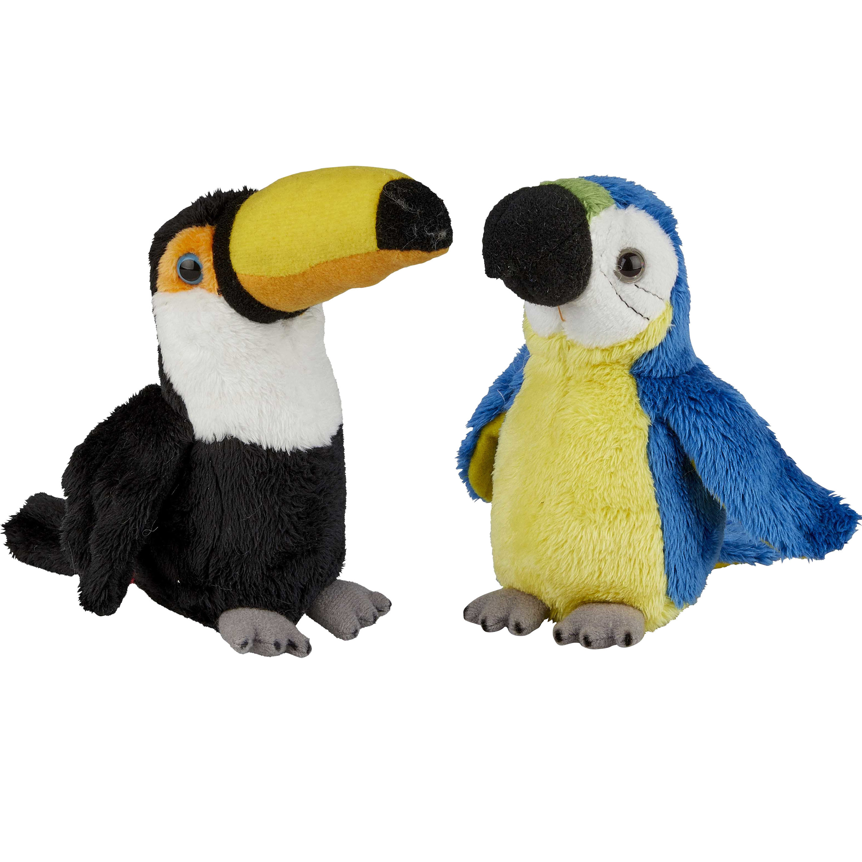 Tropische vogels pluche knuffels 2x stuks - Blauwe Macaw Papegaai en Toekan van 15 cm -