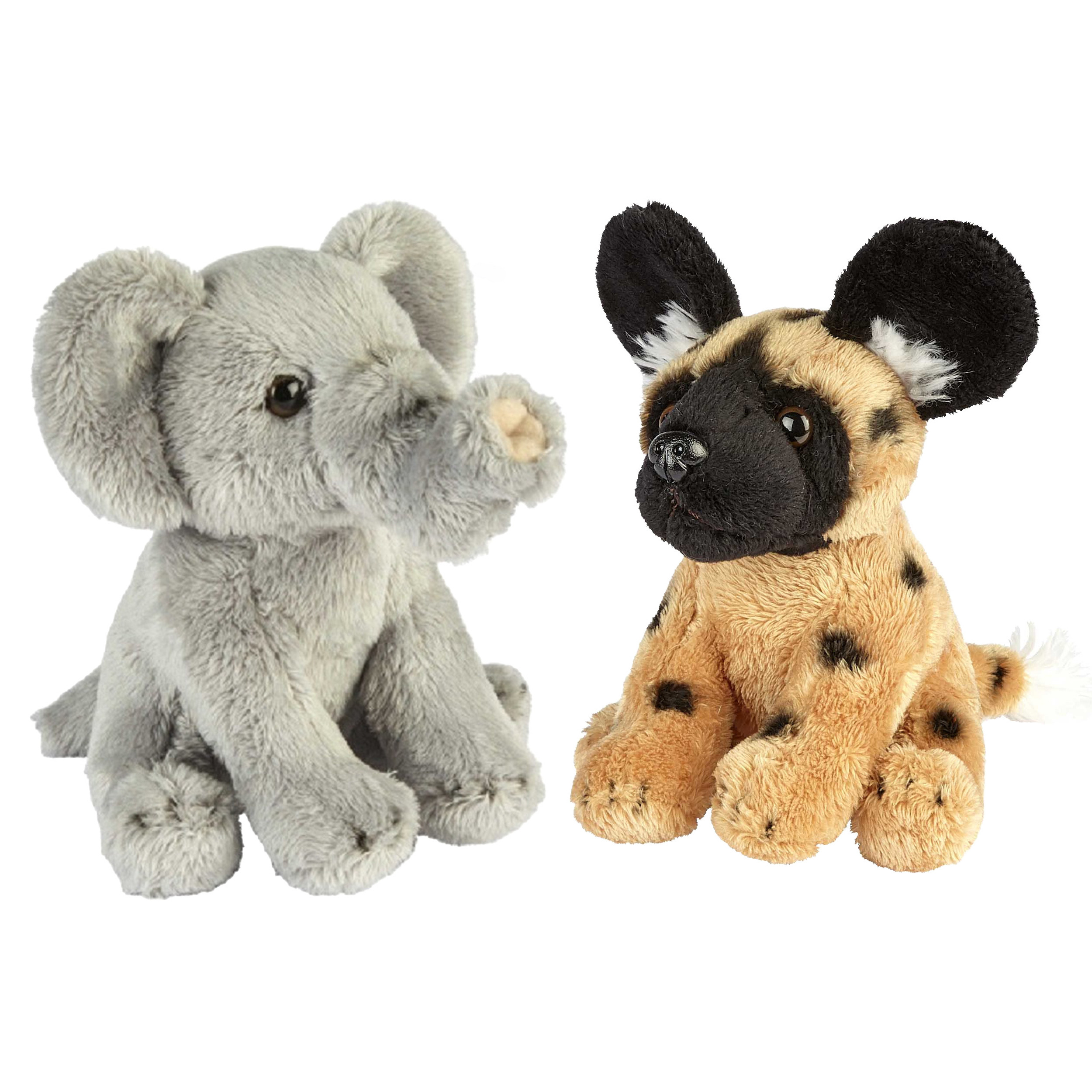 Safari dieren serie pluche knuffels 2x stuks - Olifant en Wilde Hond van 15 cm -
