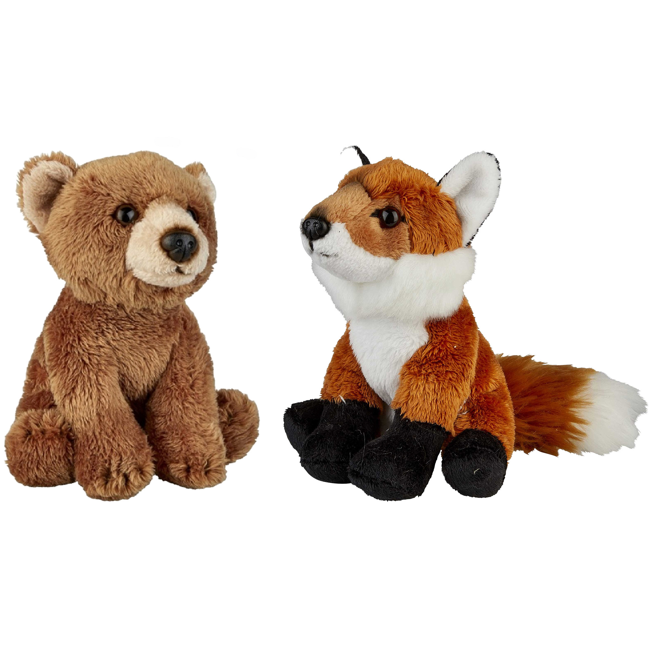 Bosdieren zachte pluche knuffels 2x stuks - Vos en Bruine Beer van 15 cm -