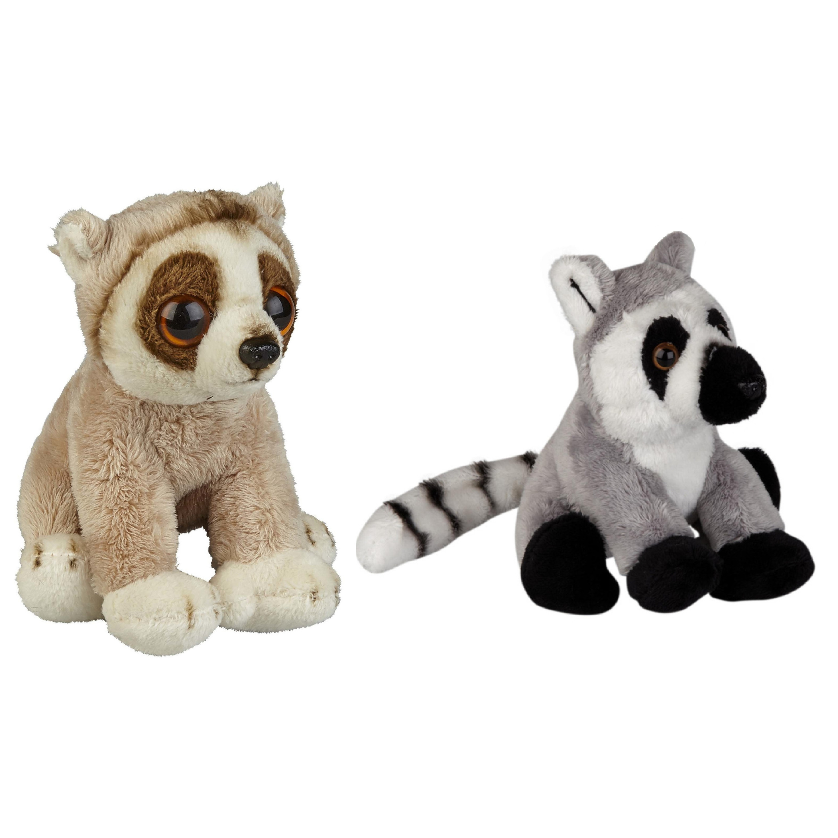 Bosdieren zachte pluche knuffels 2x stuks - ringstaart Maki aapje en Luiaard van 15 cm -