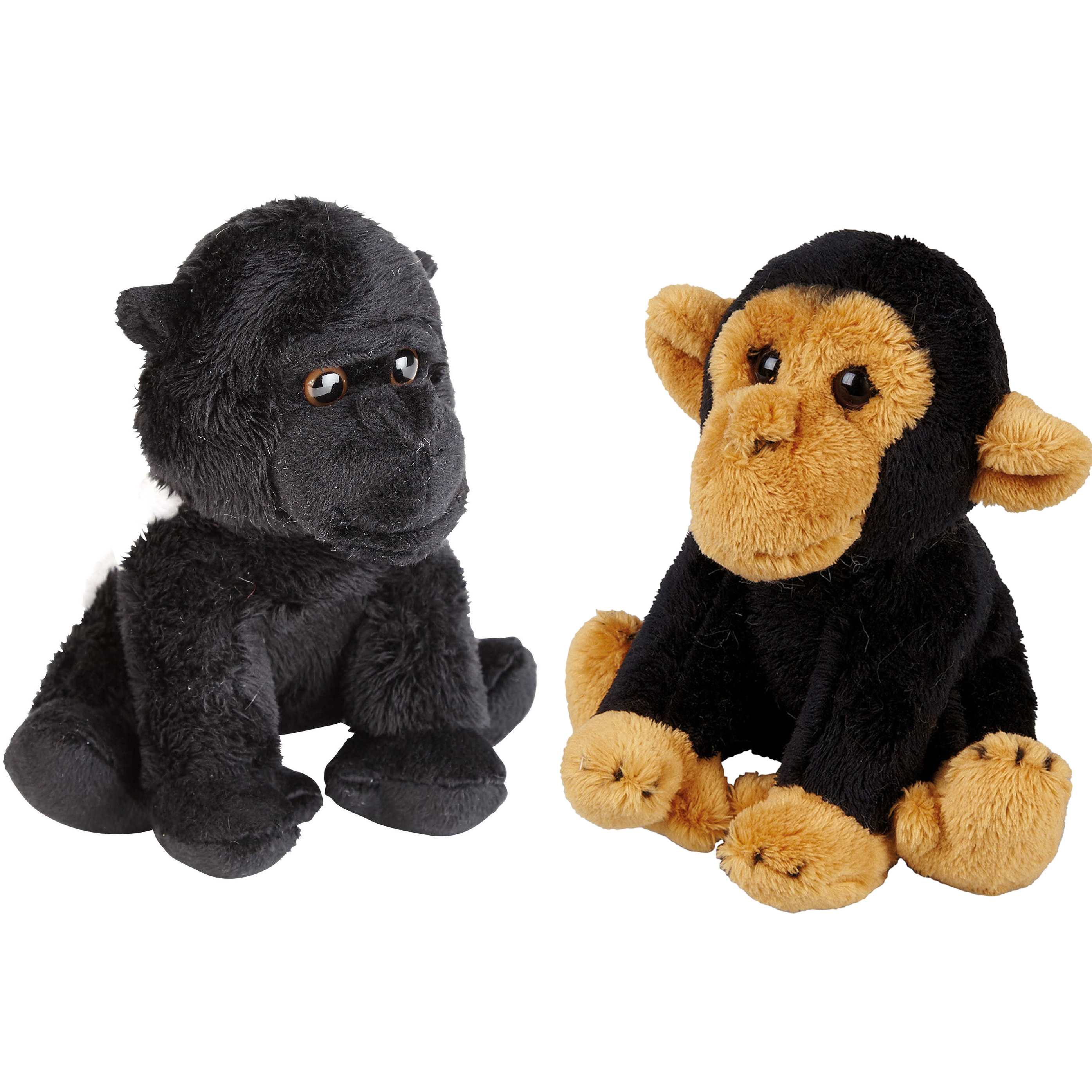Apen serie zachte pluche knuffels 2x stuks - Gorilla en Chimpansee aap van 15 cm -
