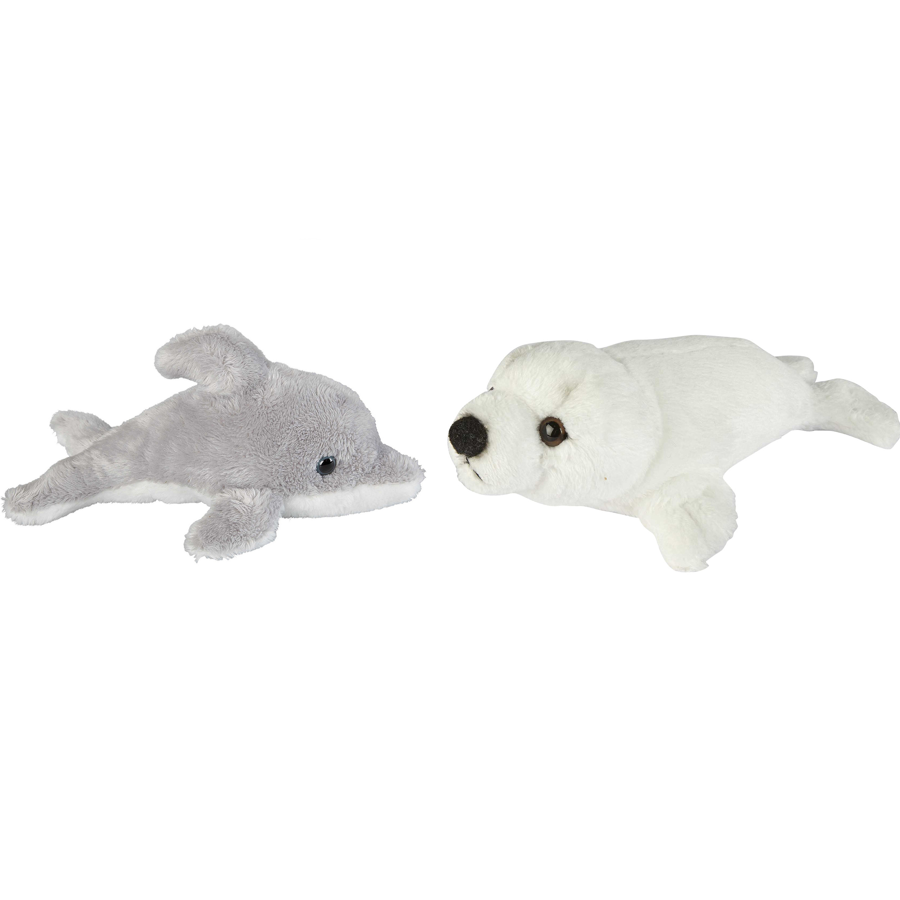 Zeedieren serie zachte pluche knuffels 2x stuks - Dolfijn en Zeehond pup van 15 cm -