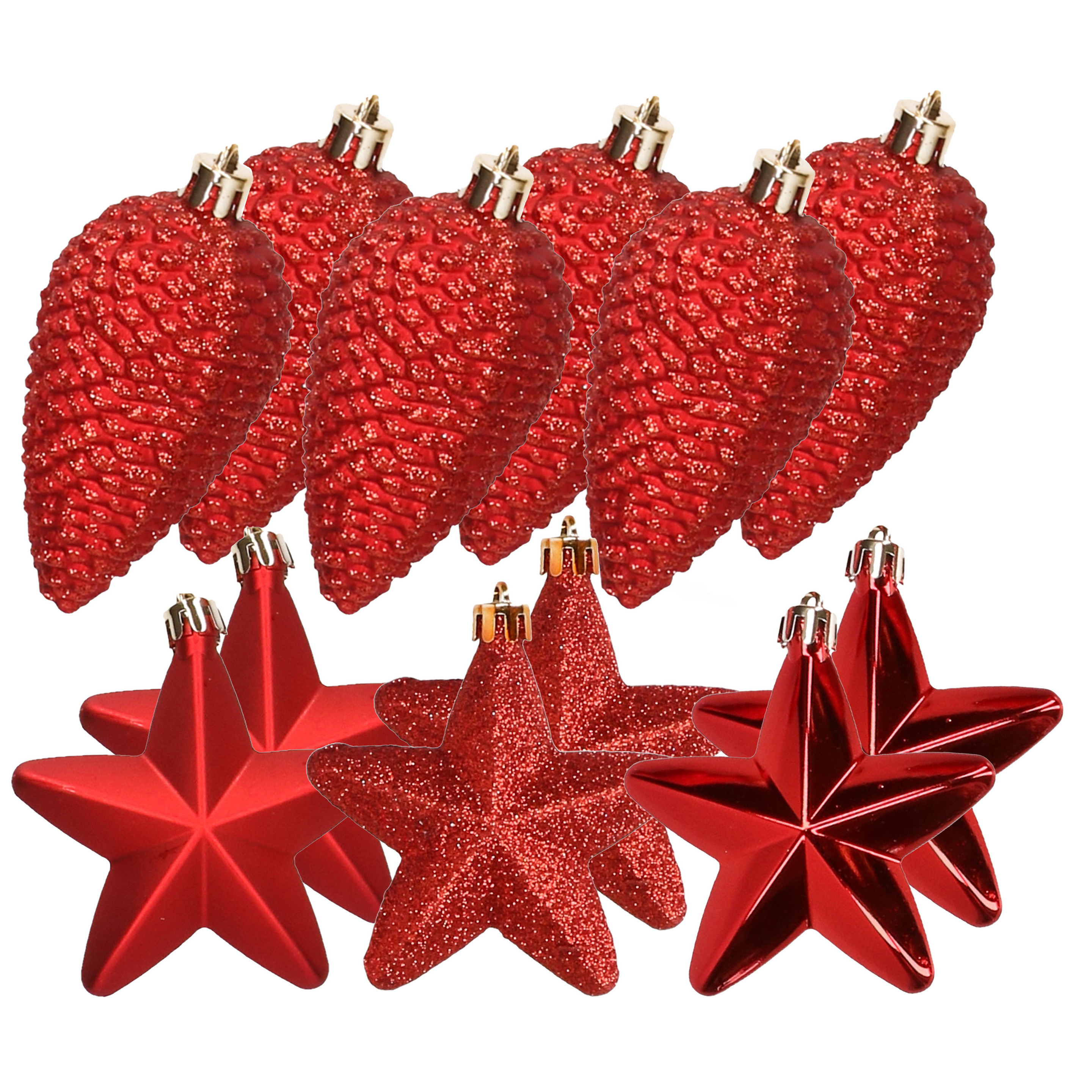 Dennenappels en sterren kerstornamenten - 12 stuks - kunststof - rood -