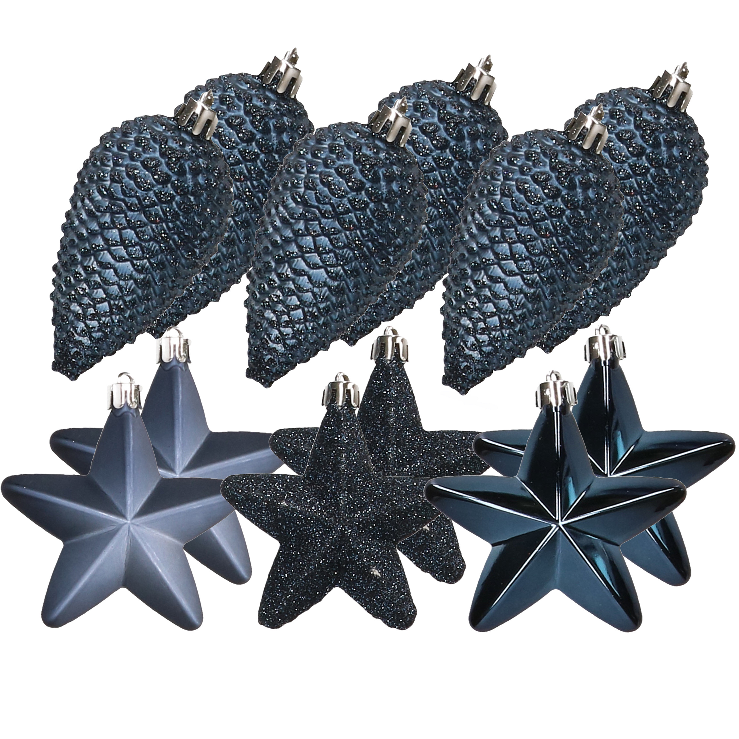 Dennenappels en sterren kerstornamenten - 12 stuks - kunststof - donkerblauw -