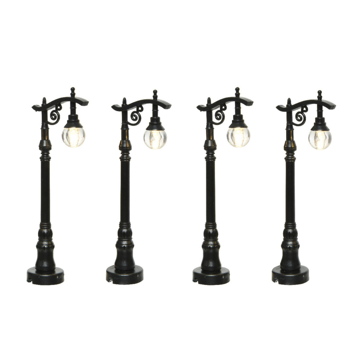Kerstdorp straatlantaarns - 4x - met verlichting - 10 cm - lantaarnpalen - lantaarns -