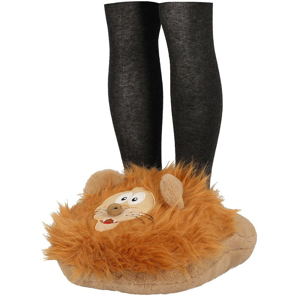 Grote voetenwarmer slof - leeuw - bruin - one size - 30 x 27 cm - polyester One size -