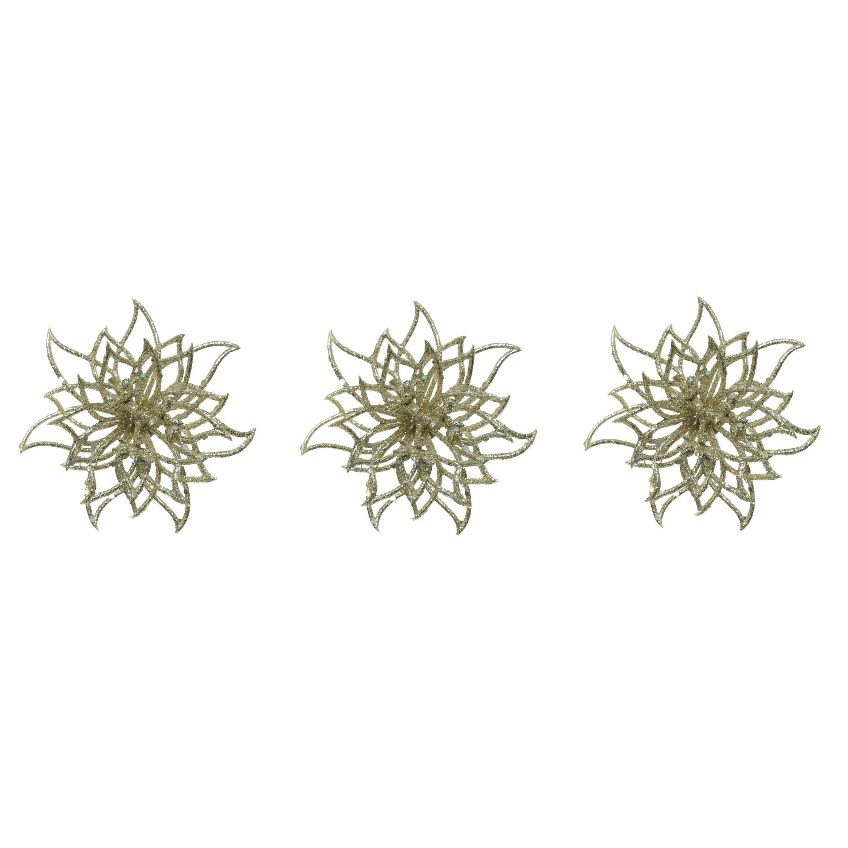 10x stuks decoratie bloemen kerstster champagne glitter op clip 14 cm -