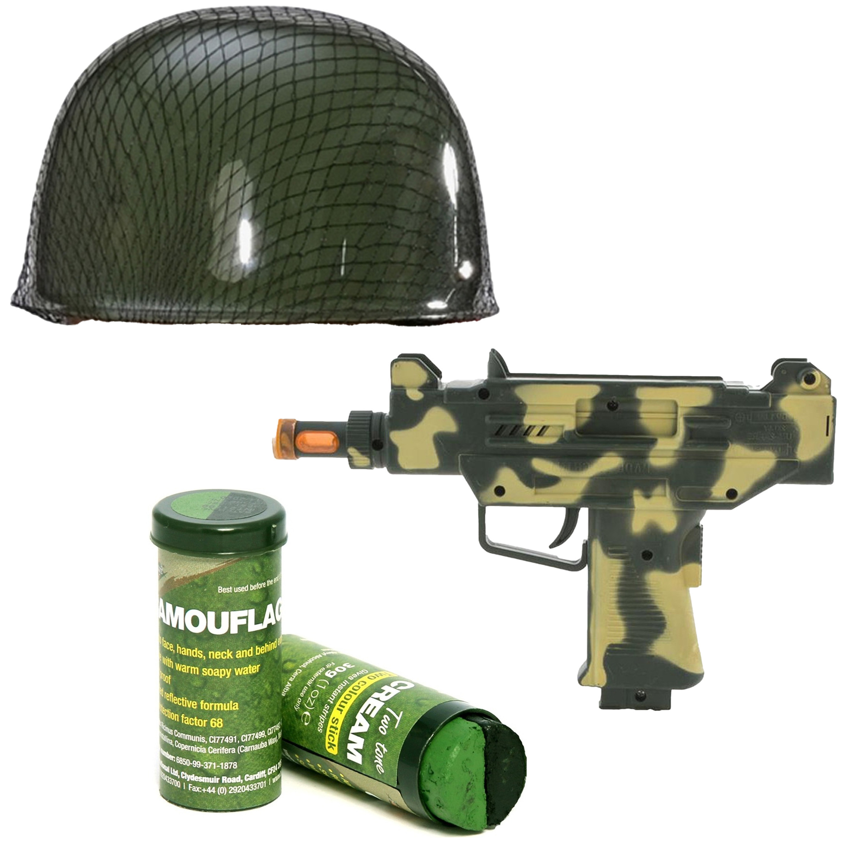 Soldaten/militairen verkleedset Uzi geweer/helm en schminkstift volwassenen -