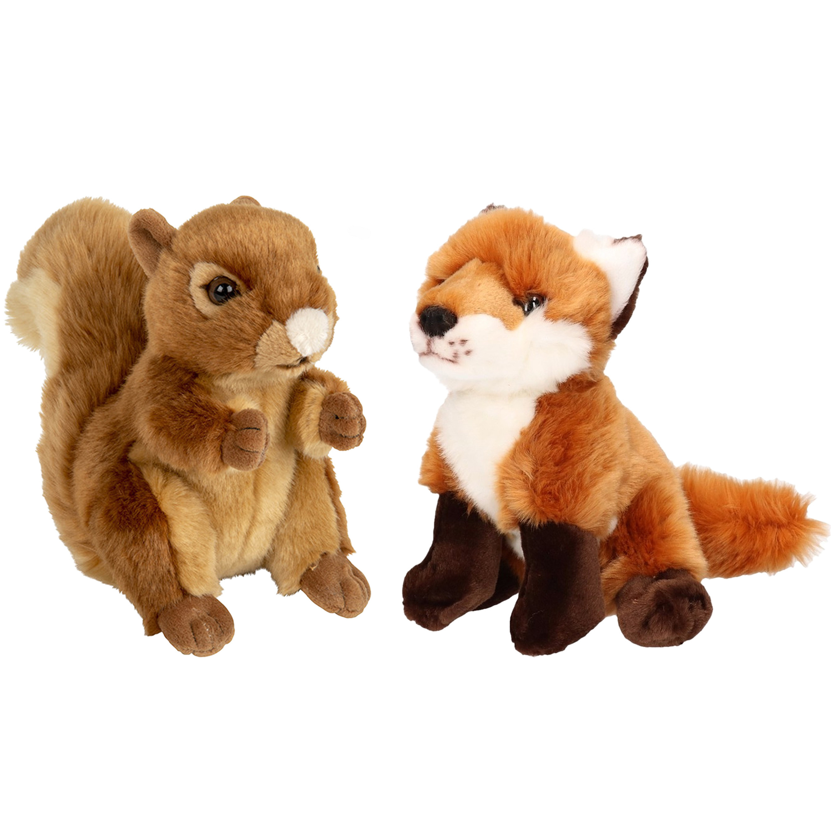 Bosdieren zachte pluche knuffels 2x stuks - Eekhoorn en Vos van 18 cm -