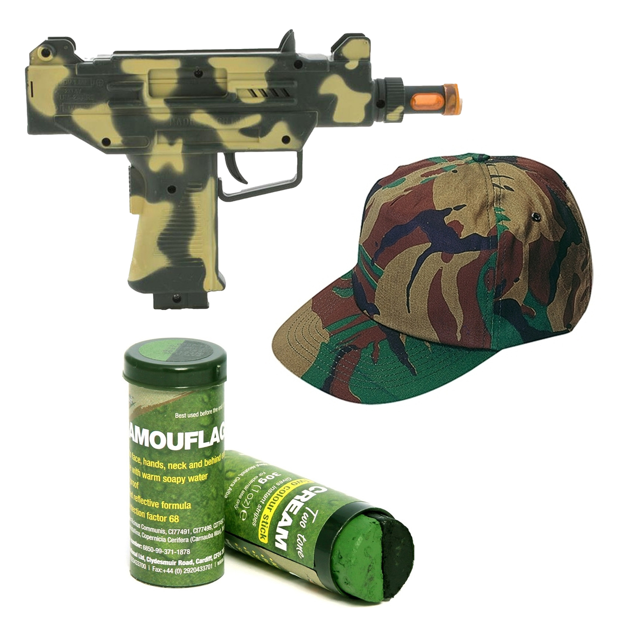 Soldaten/militairen verkleedset Uzi geweer/camouflage pet en schminkstift volwassenen -
