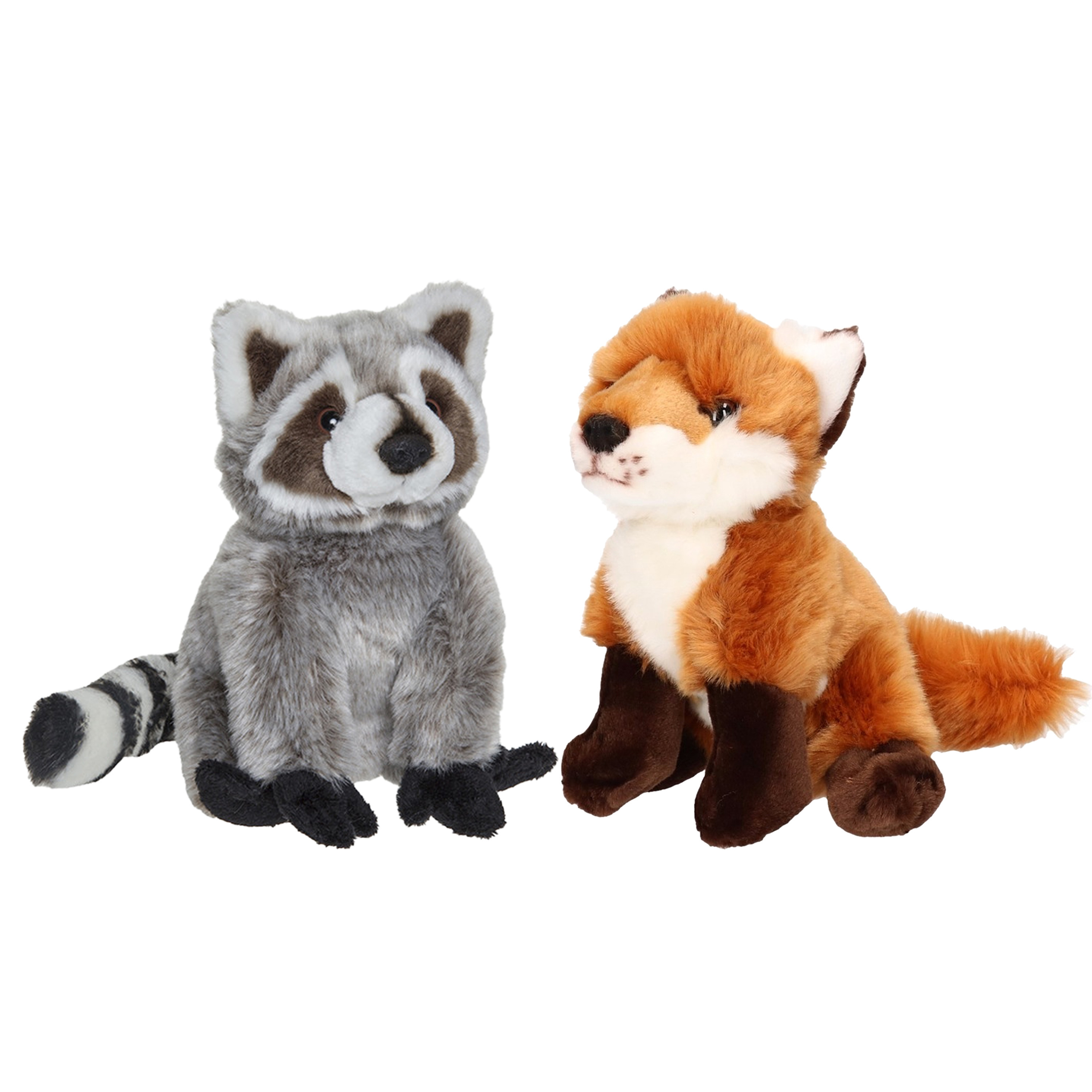 Bosdieren zachte pluche knuffels 2x stuks - Wasbeer en Vos van 18 cm -
