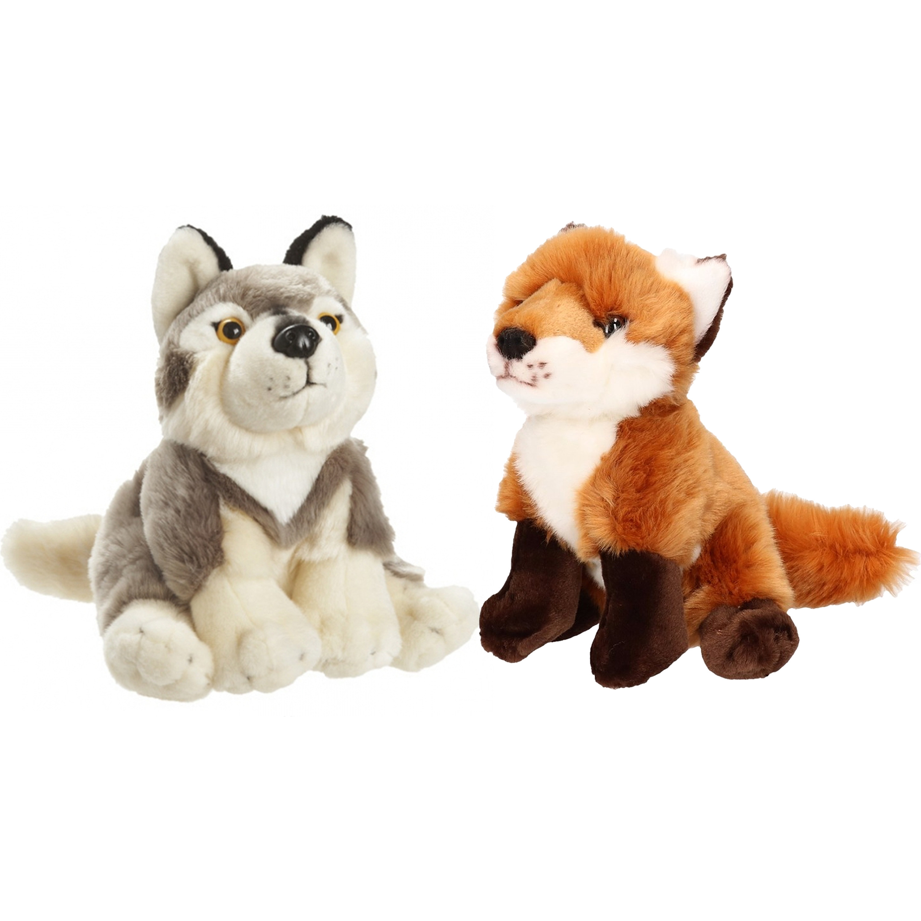 Bosdieren zachte pluche knuffels 2x stuks - Wolf en Vos van 18 cm -