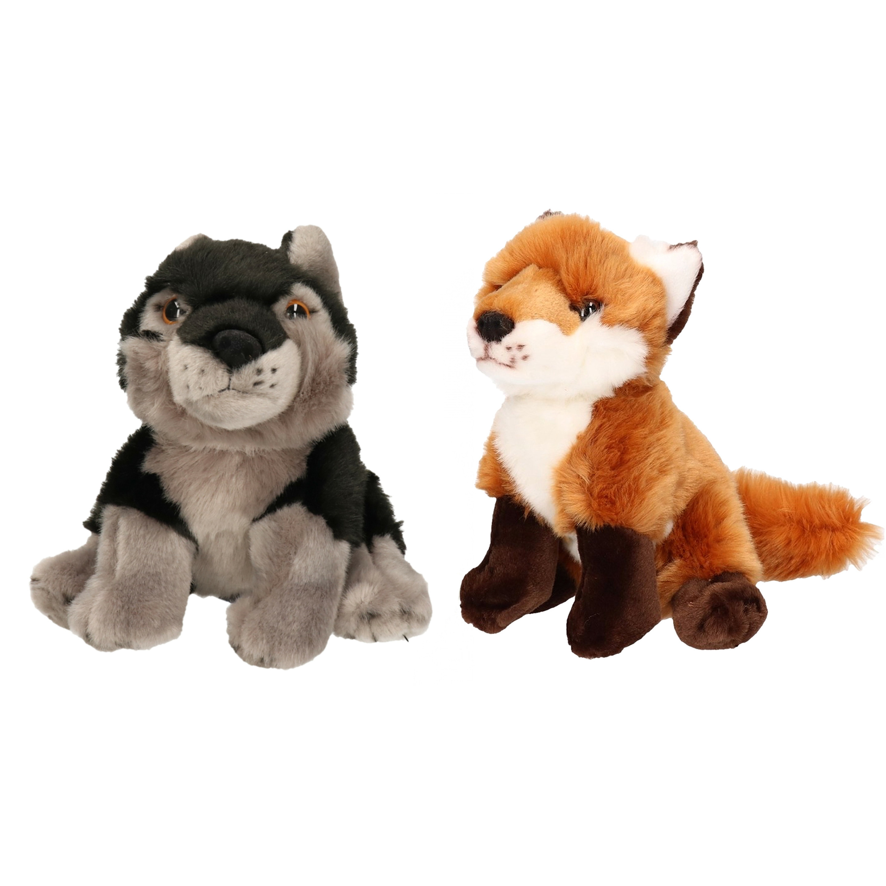 Bosdieren zachte pluche knuffels 2x stuks - Wolf en Vos van 18 cm -