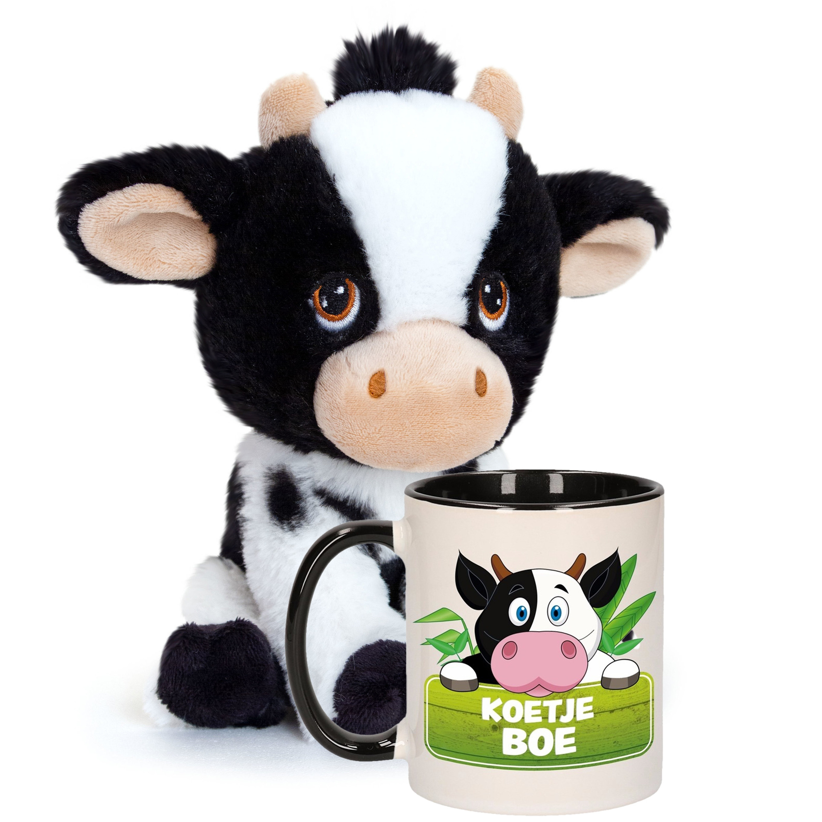 Cadeauset kind - Koeien knuffel 18 cm en Drinkbeker/mok Koe 300 ml -
