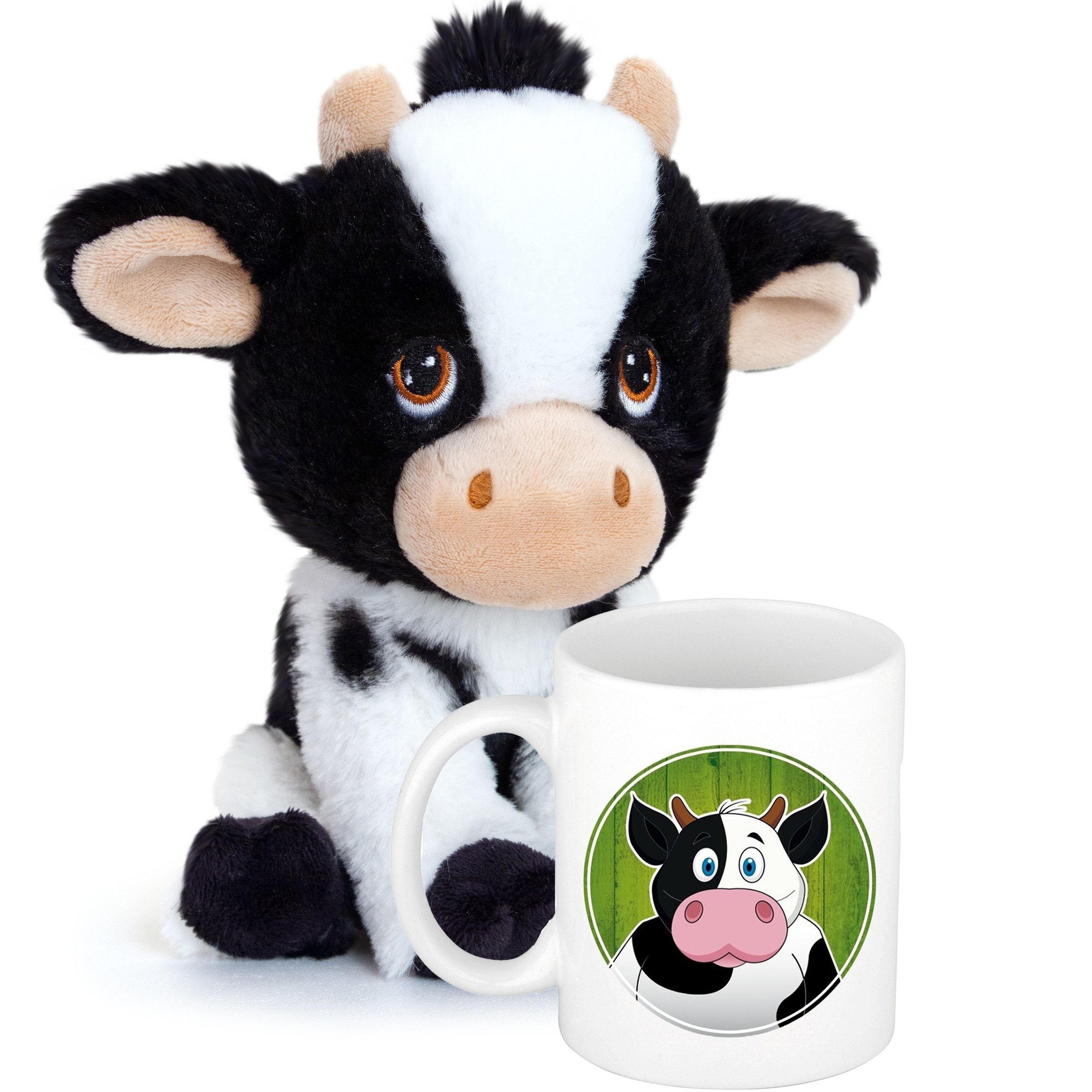 Cadeauset kind - Koeien knuffel 18 cm en Drinkbeker/mok Koe 300 ml -
