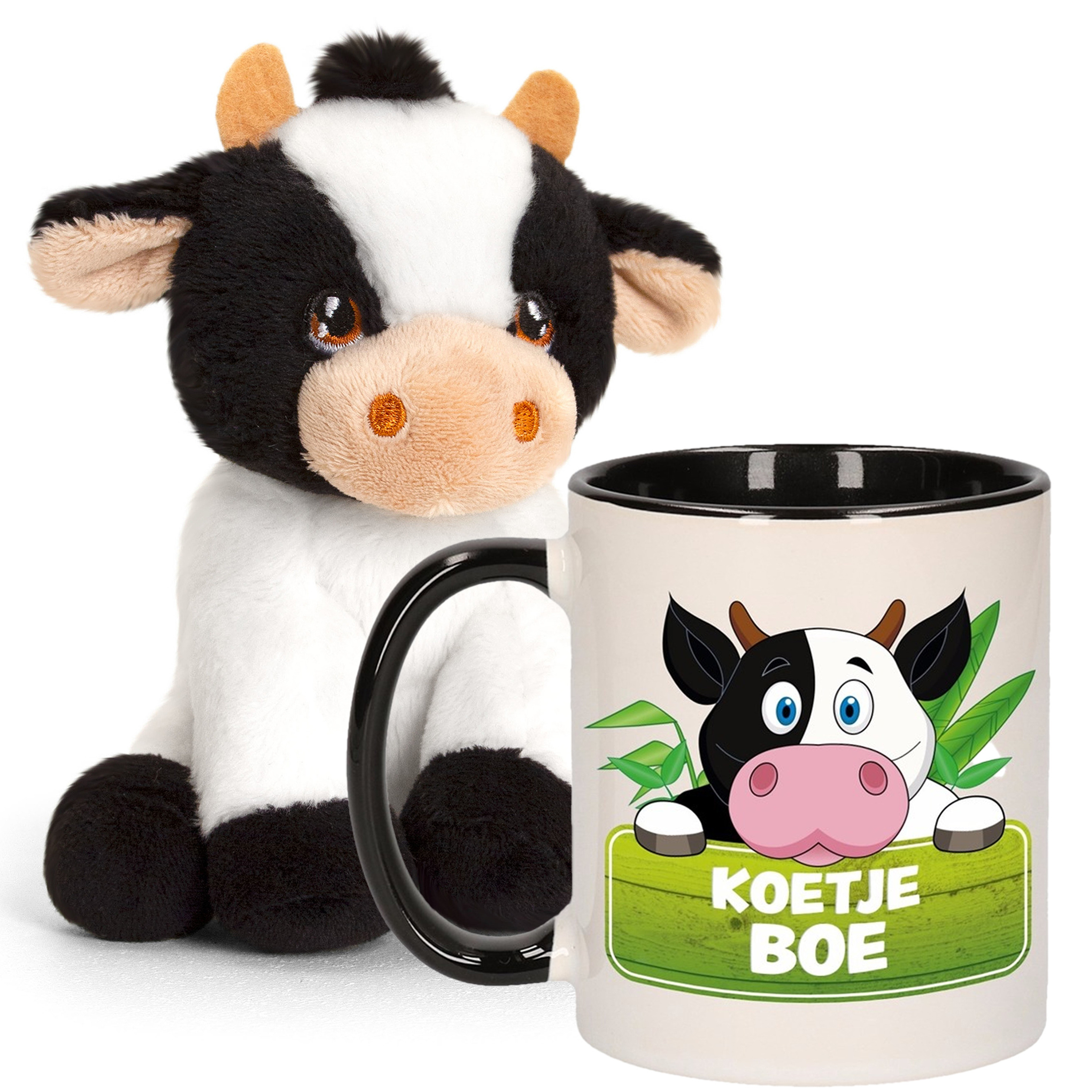 Cadeauset kind - Koeien knuffel 12 cm en Drinkbeker/mok Koe 300 ml -