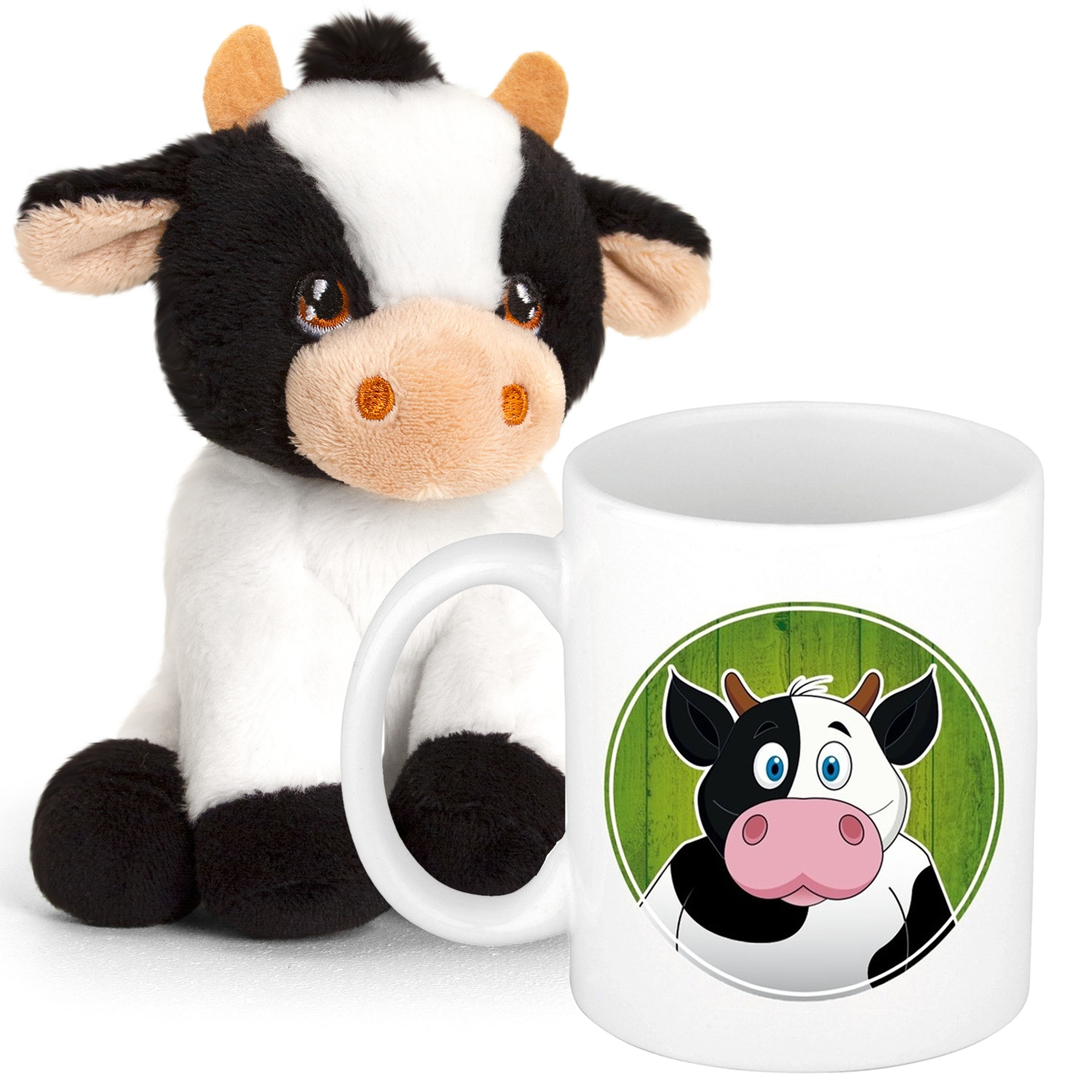 Cadeauset kind - Koeien knuffel 12 cm en Drinkbeker/mok Koe 300 ml -