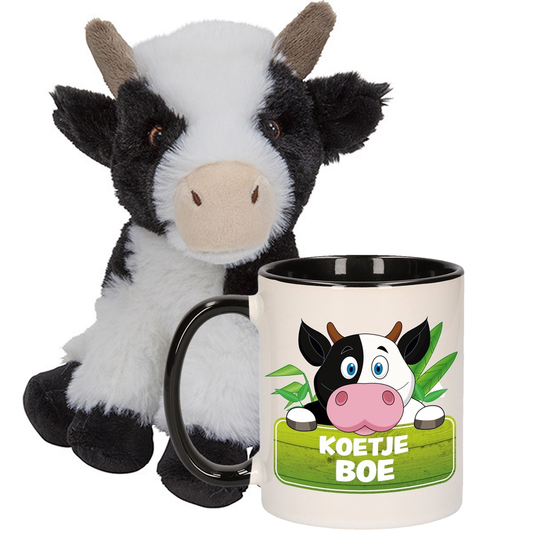 Cadeauset kind - Koeien knuffel 19 cm en Drinkbeker/mok Koe 300 ml -